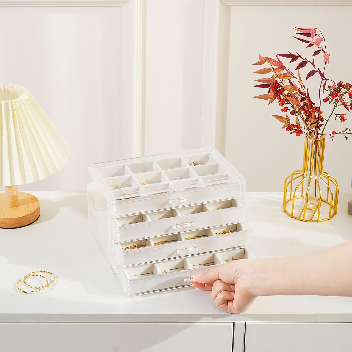 Direct Manufacturer Lolalet Earring Holder Organizer Box Jewelry Storage with 4 Drawers, Clear Acrylic Stackable Earring Case with Adjustable Velvet Trays for Women on Dresser Vanity -Warmwhite, 4 Layers Low MOQ