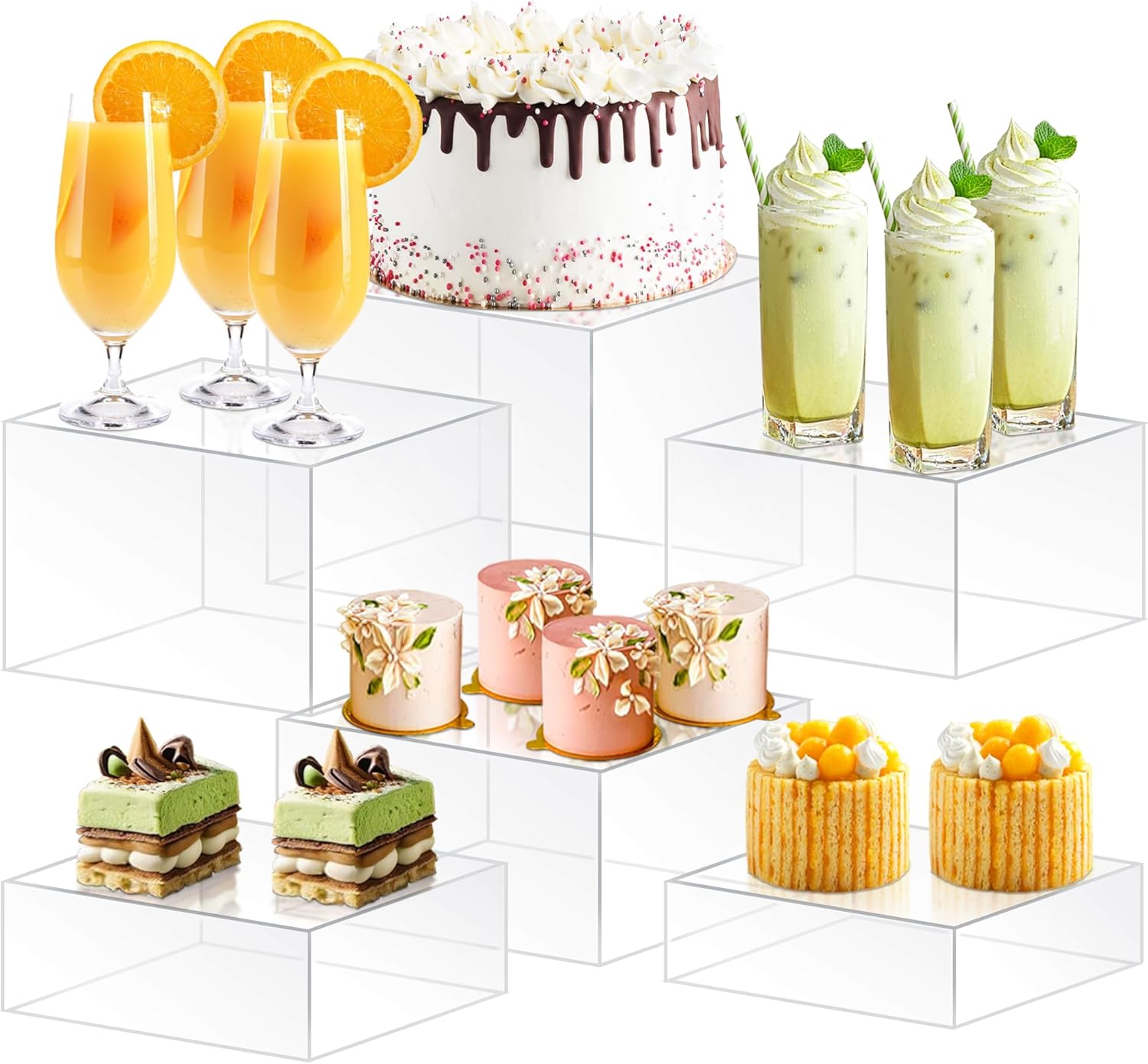 6Pcs Buffet Risers, Food Risers for Buffet, Acrylic Boxes for Display Cube Riser Display Cases Acrylic Square Cube Display Base, Clear
