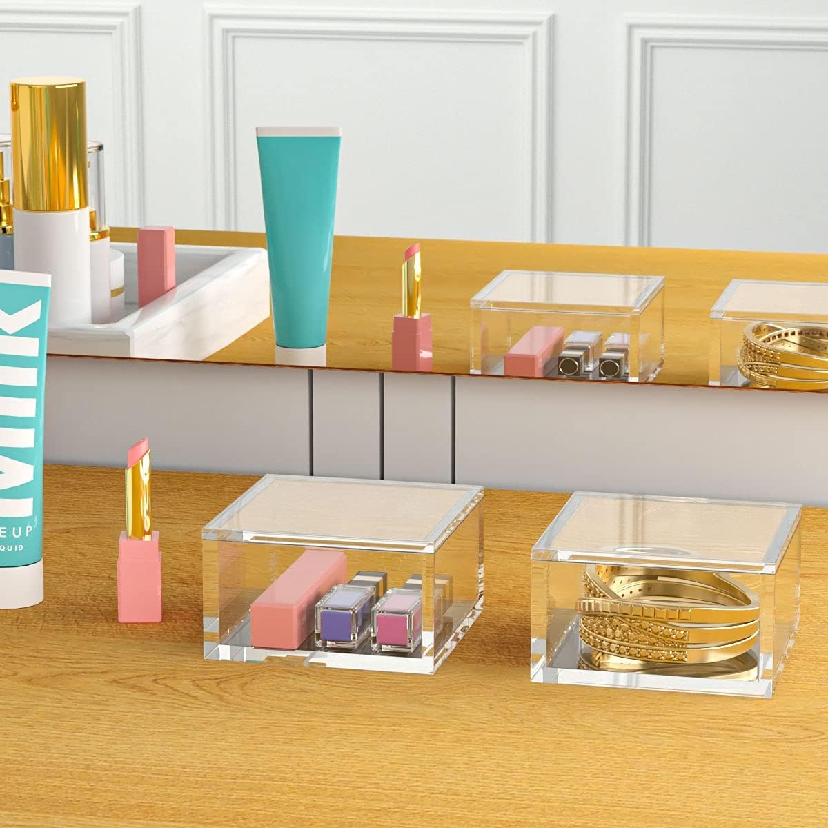 ODM AITEE Acrylic Box with Lid, Clear Cube Display Case, Multi-Purpose Box Square Container for Holding Staples, Highlighters, Adhesive Tape, Paper Clips, Stamps, Display in Office or Home (Medium) Custom Logo Service