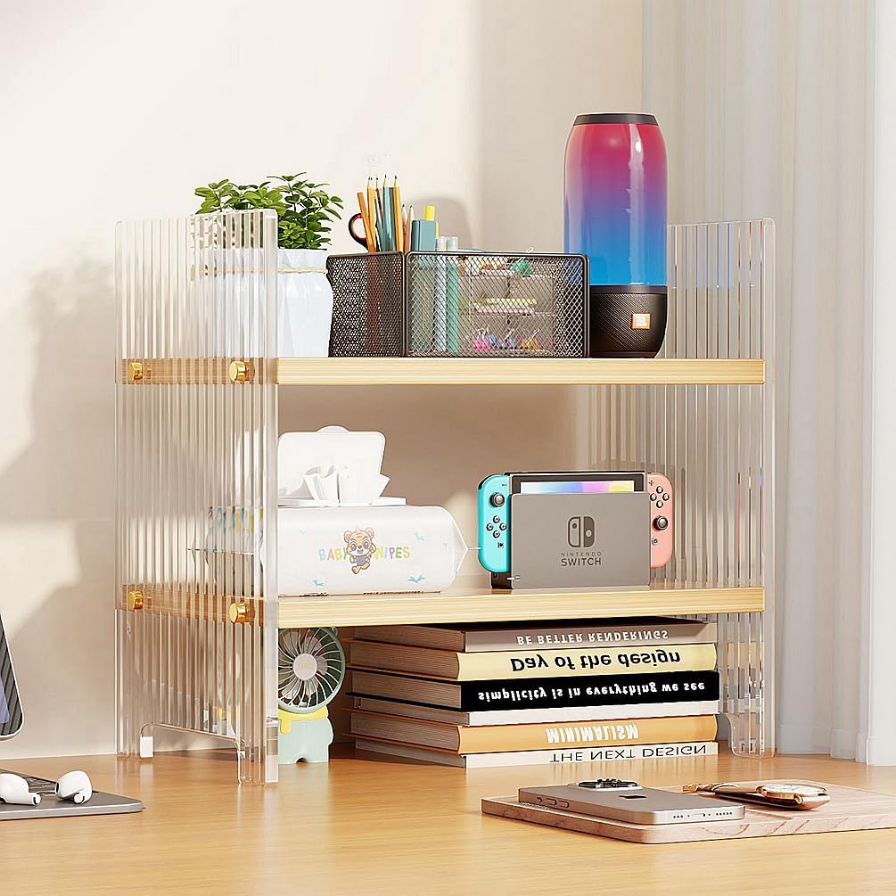 Private Label FOTN 2-tier Kitchen countertop spice rack Cup shelf organizer, household Cupboard Cabinet coffee cup mug cup storage rack, simplev desktop acrylic and wood small bookshelf bookcase (2-tier) Dropshipping Friendly