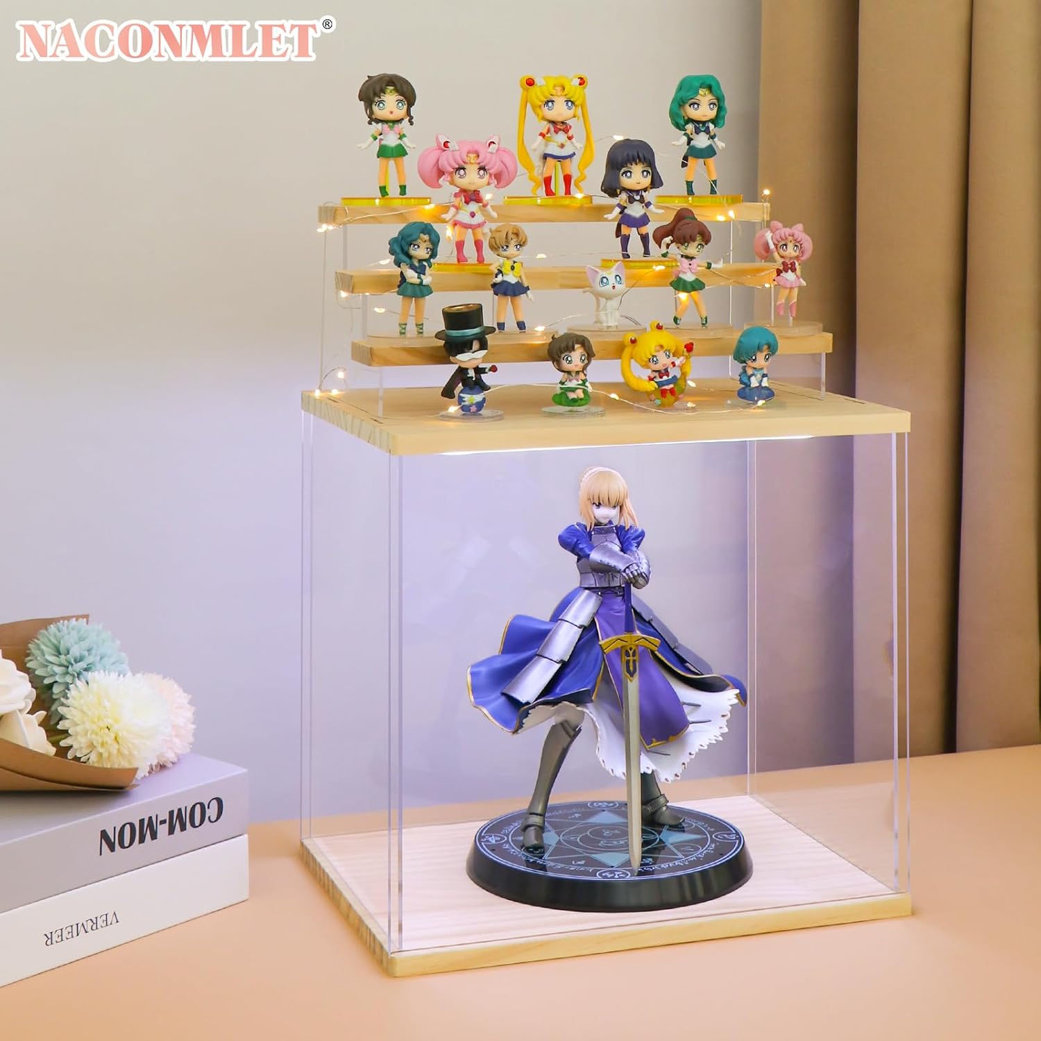 Private Label Clear Acrylic Display Case with Led Light for Figure ,5 Tier Display Stand Dustproof Display Box for Collectibles Organize Storage Box Popmart Doll Toy（5 Tier-W*D*H-12.6"x11.4"x13.3"inches） Ecommerce Ready Product