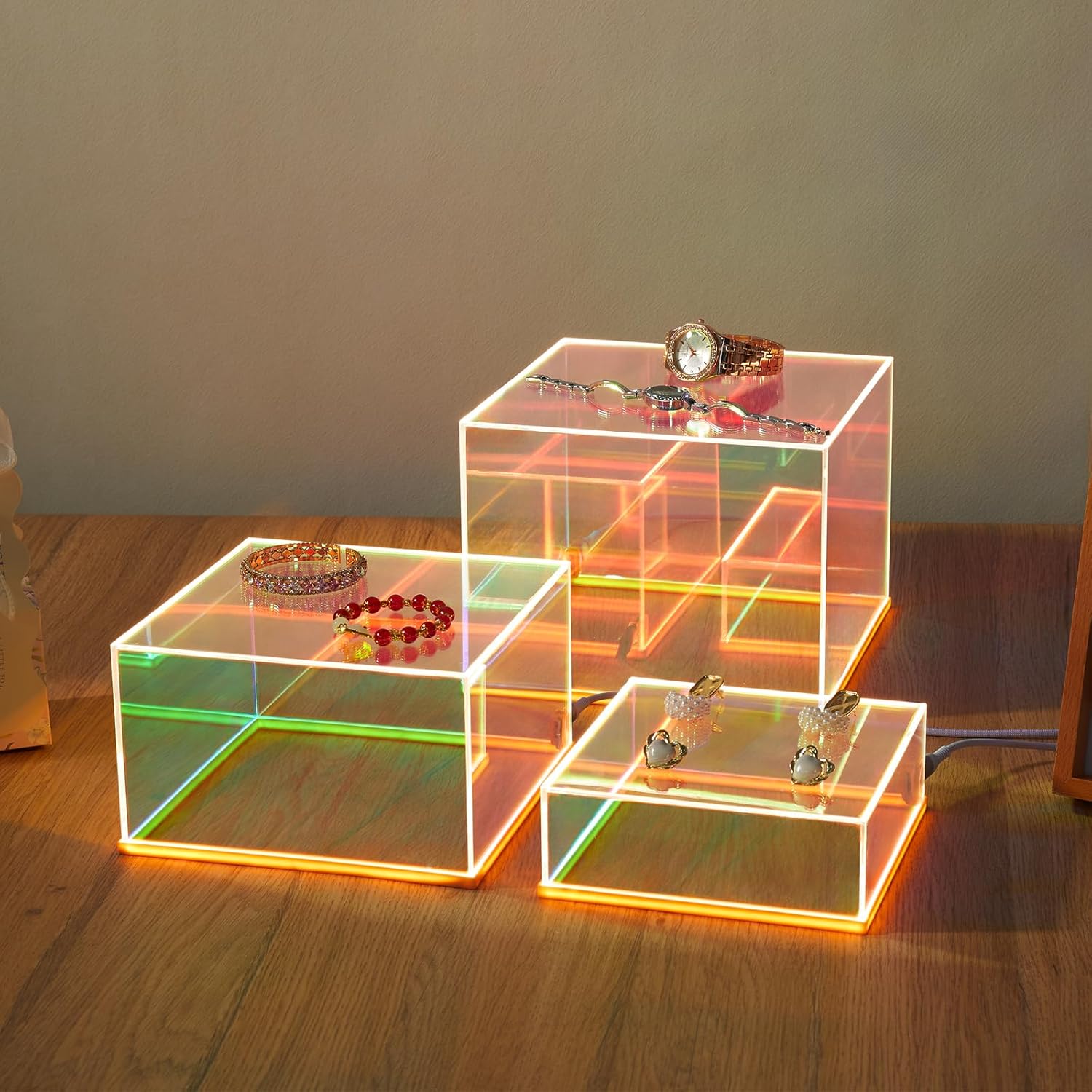 Private Label 3Pcs Iridescent Acrylic Display Risers with LED light, Acrylic Cube Box Rainbow Display Stand with Hollow Bottoms for Figures Dessert Jewelry Perfume Handbag Ecommerce Ready Product