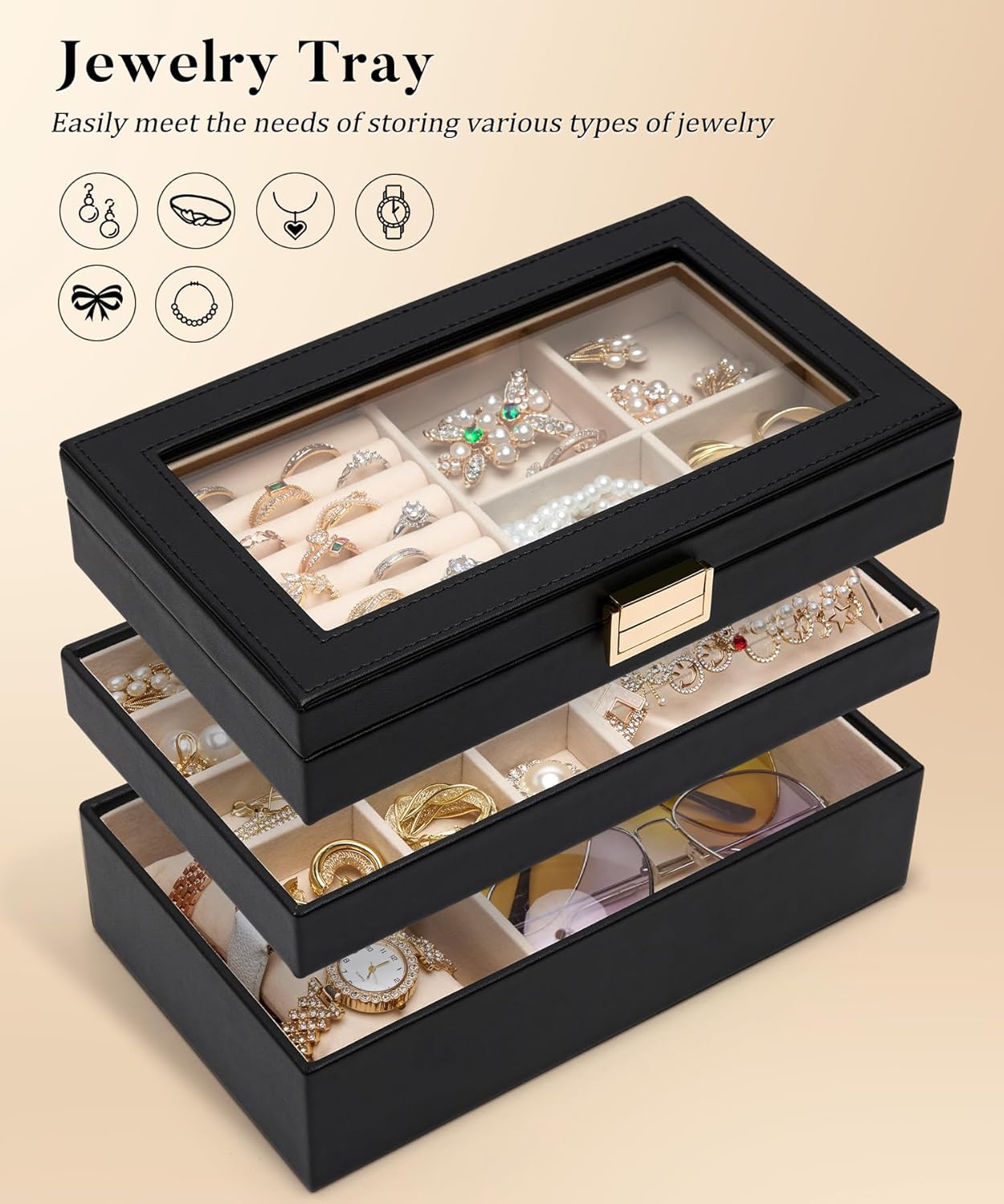 Direct Manufacturer Homde Jewelry Tray Stackable Jewelry Box with Glass Lid, Removable Dividers for Vanity Table Gift Idea for Girls and Women (Black) Low MOQ