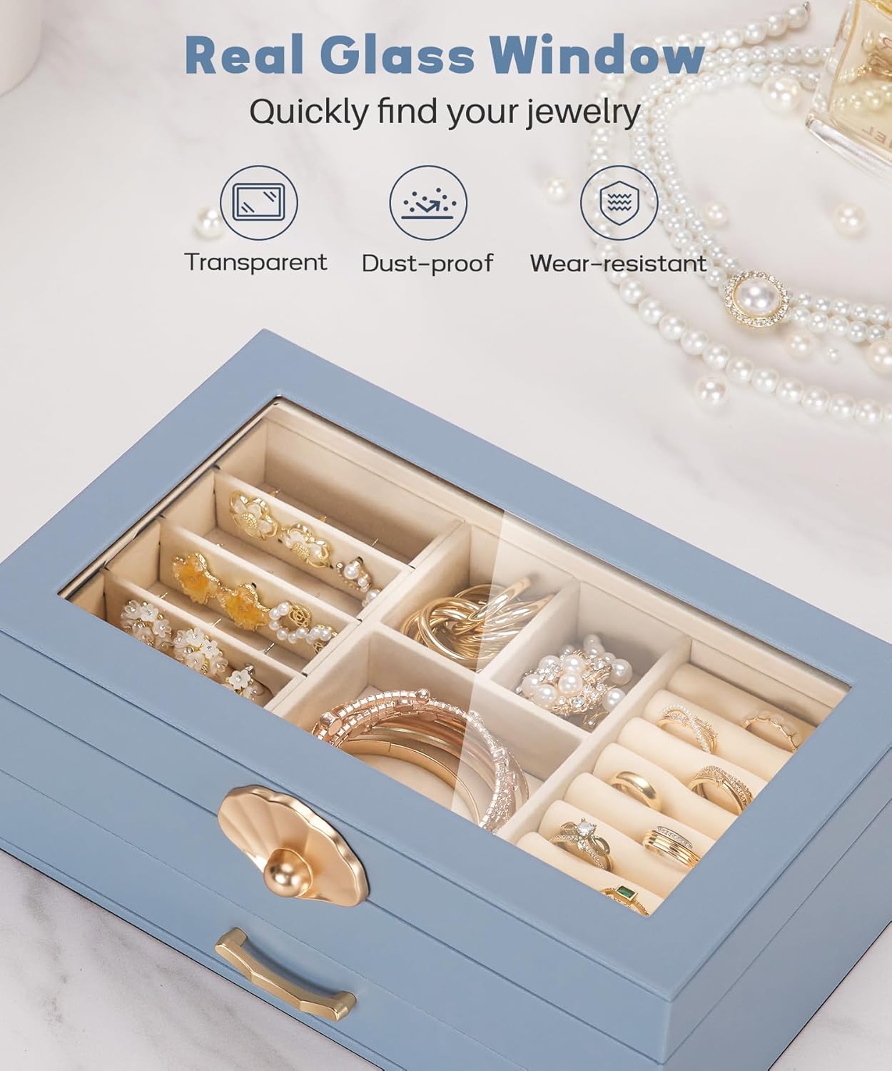 Direct Manufacturer Jewelry Box with 1 Drawers: Display Organizer for Earrings Necklaces - Gift for Girls Women (Grey Blue) Low MOQ