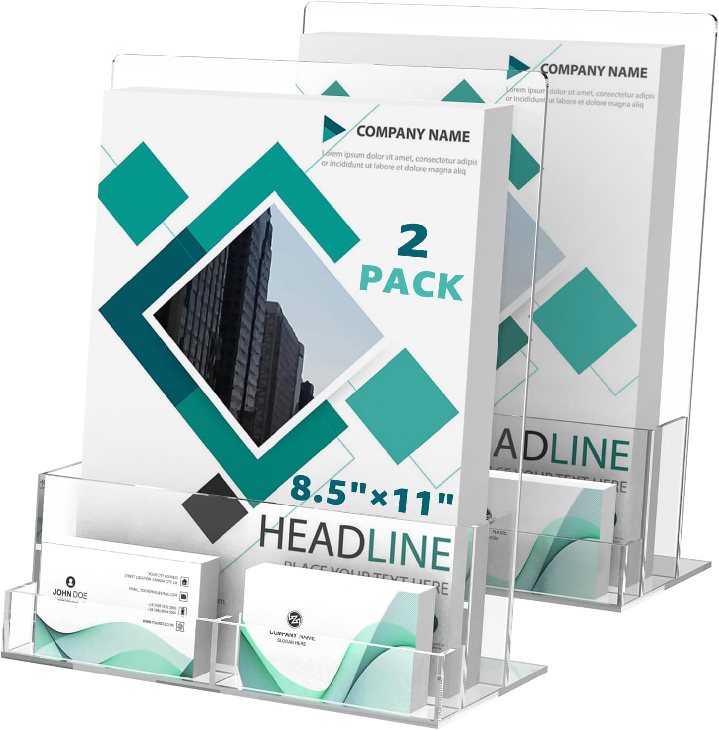 2 Pack Acrylic Brochure Holder 8.5 x 11 Inch with Business Card Holder, Clear Acrylic Brochure Holder Plastic Flyer Display Stand for Magazine, Pamphlet, Booklets, Menu, Journals, Literature