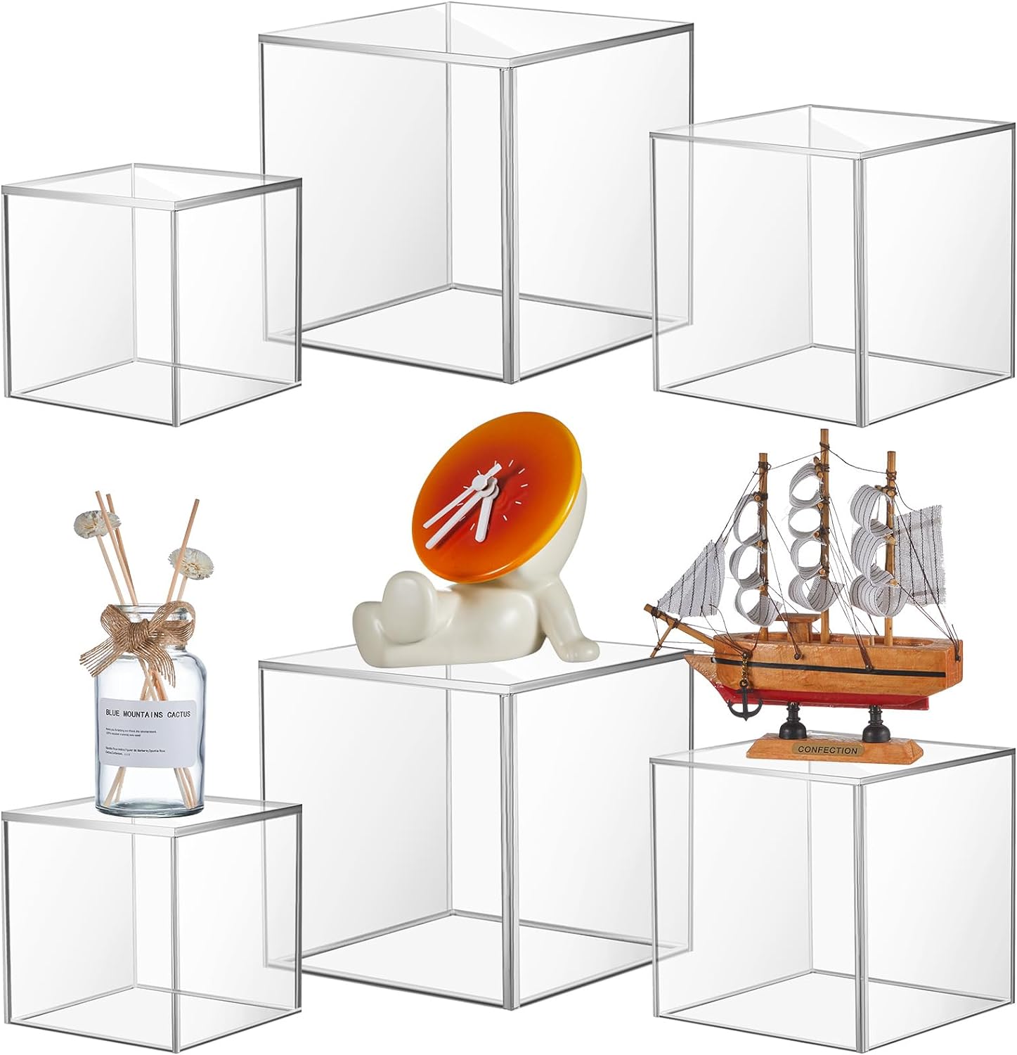 Kigley 6 Pcs Acrylic Boxes for Display, 4''x4'', 5''x5'', 6''x6'', Small Square Clear Cube Nesting Riser Showcase Crystal Cupcake Stand Pedestal Organizer Base for Food Jewelry Display, 5 Sides