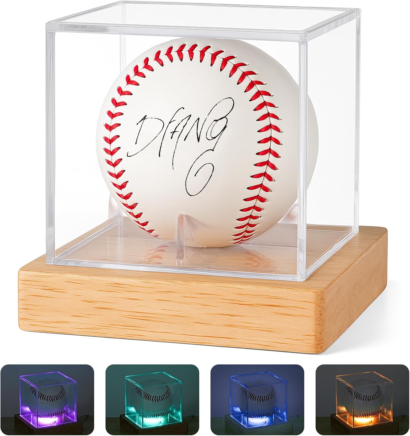 Baseball Display Case with LED Light, Wooden Base Baseball Case Display for Balls, UV Protected Acrylic Boxes for Display, Autographed/Memorabilia Signed Baseball Clear Display Case Cube (1PCS)