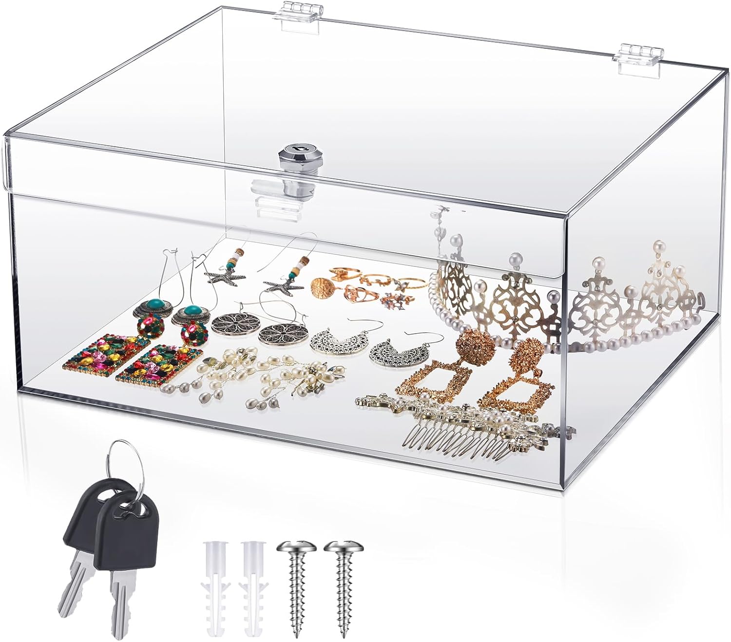 Acrylic Locking Display Case with Keys 12.2" x 5.75" x 4.6" Large Clear Lock Box Display Case Snack Lock Storage Box for Fridge Figures Jewelry Toys Home Storage