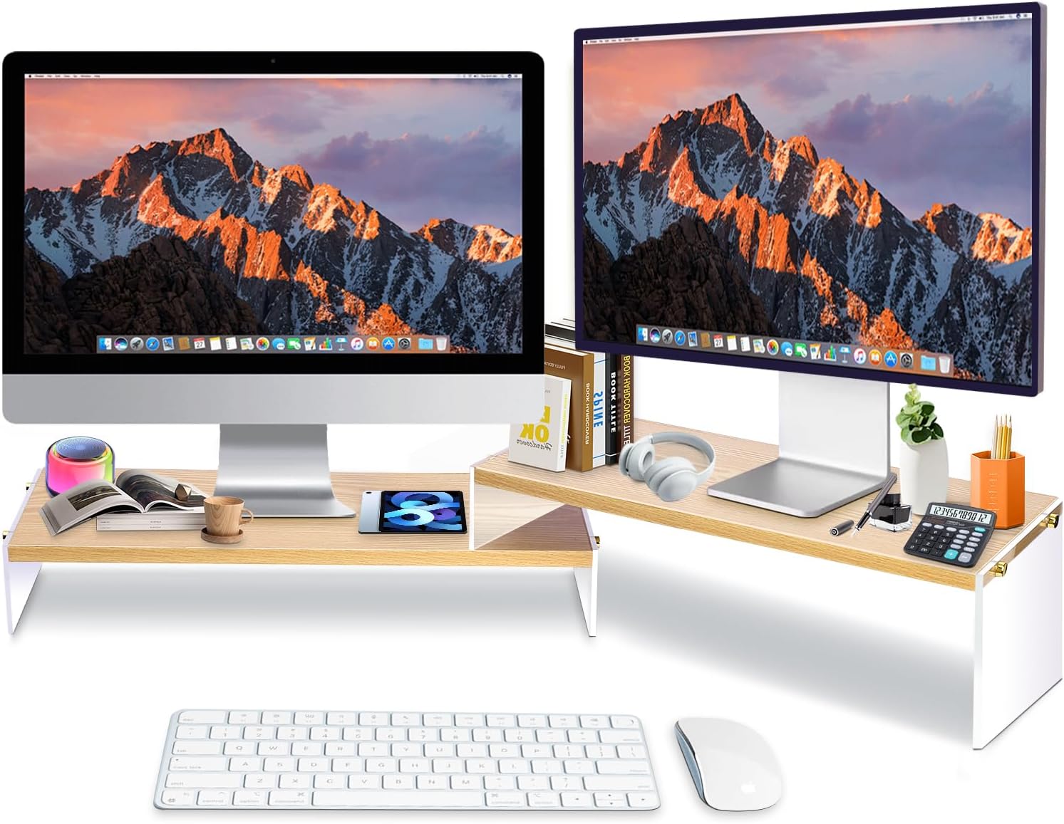 Private Label YGYQZ Wood Adjustable Monitor Riser for Desk, 2 Tier Dual Monitor Stand with Acrylic Legs Office Desk Shelf Organizer for Laptop, PC, Printer, Computer (wood-flat) OEM Wholesale Manufacturer