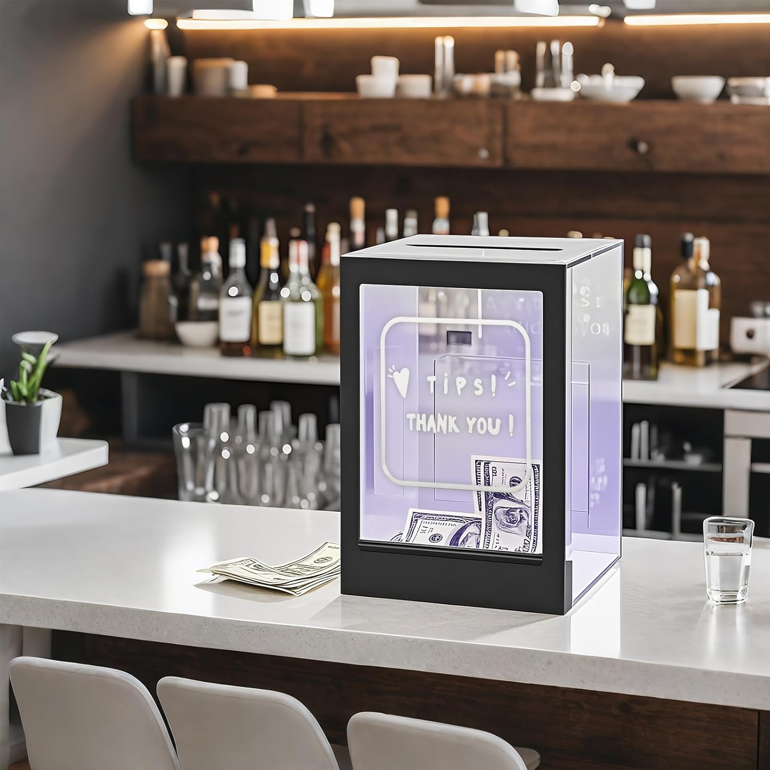 Private Label 18-Color LED Acrylic Tip Jar for Bartender with Remote Control, Lockable Cash Slot & Customizable Magnetic Sign(5.9"x5.9"x8.8") – USB-Powered Donation Box for Restaurants, Bars, Charity Events Custom Mold Development