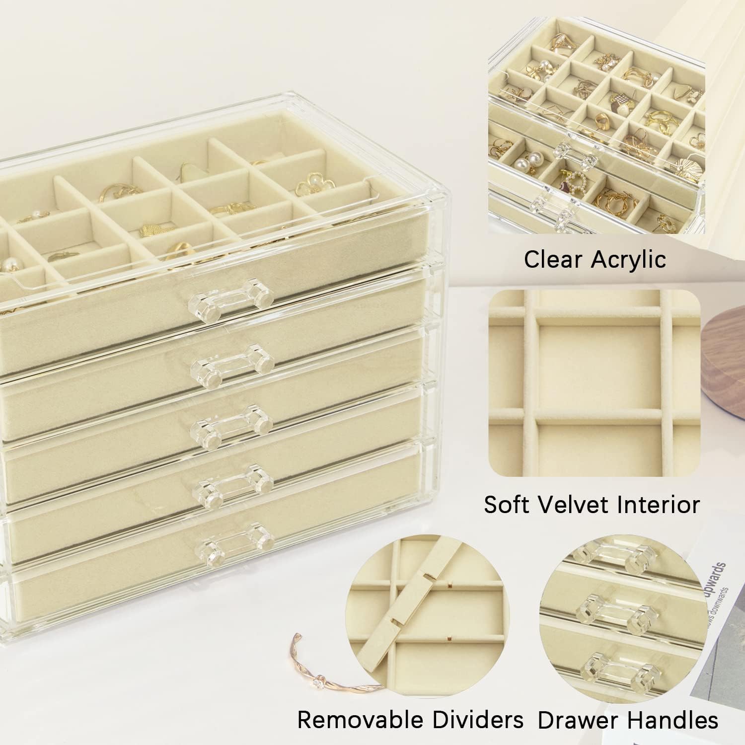 ODM KAMIER Earring Jewelry Organizer with 20 Pcs Portable Jewelry Bag, Clear Acrylic Jewelry Organizer Box for Women with 5 Drawers for Earrings Ring Bracelet Necklace Custom Mold Development