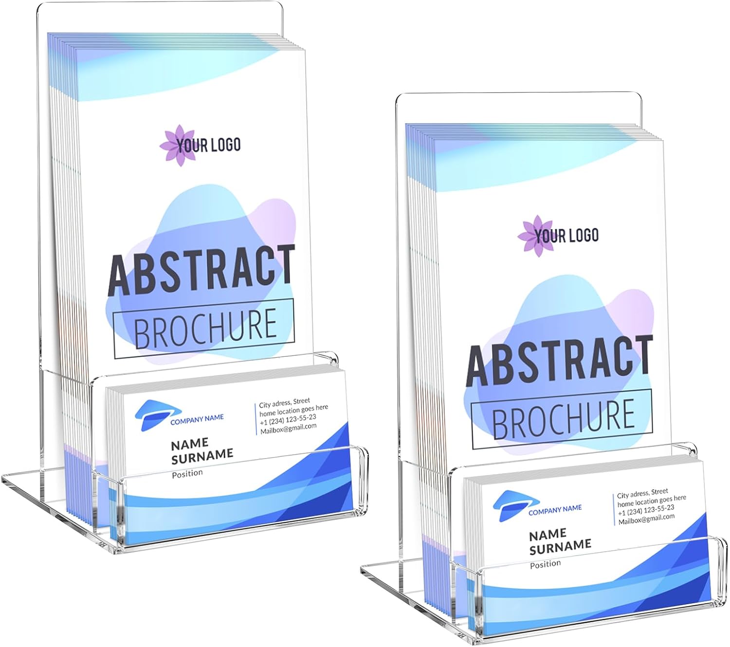 Acrylic Brochure Holder Stand, 2 Pack 4.3‘’ x 7.6‘’ Clear Brochure Stand with with Business Card Holder Plastic Flyer Display Stand for Magazine Pamphlet Booklets Menu Journals Business Card Trifold