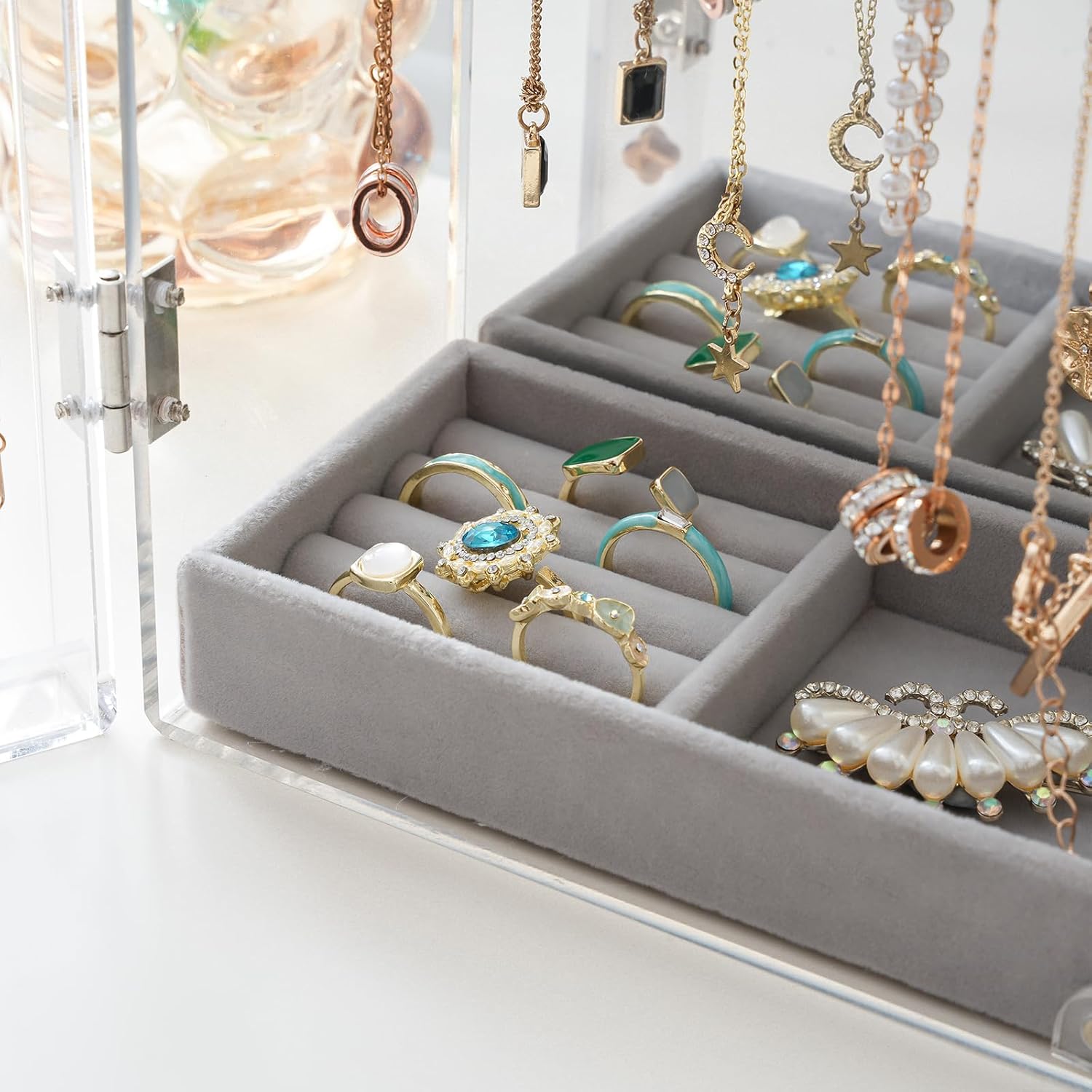 Direct Manufacturer Lolalet Necklace Holder Organizer, Acrylic Jewelry Organizer with 24 Hooks, Rotating Clear Necklaces Display Box with Built-in Mirror, Dust-proof Jewelry Storage Case with Velvet Tray -Clearmirror Low MOQ