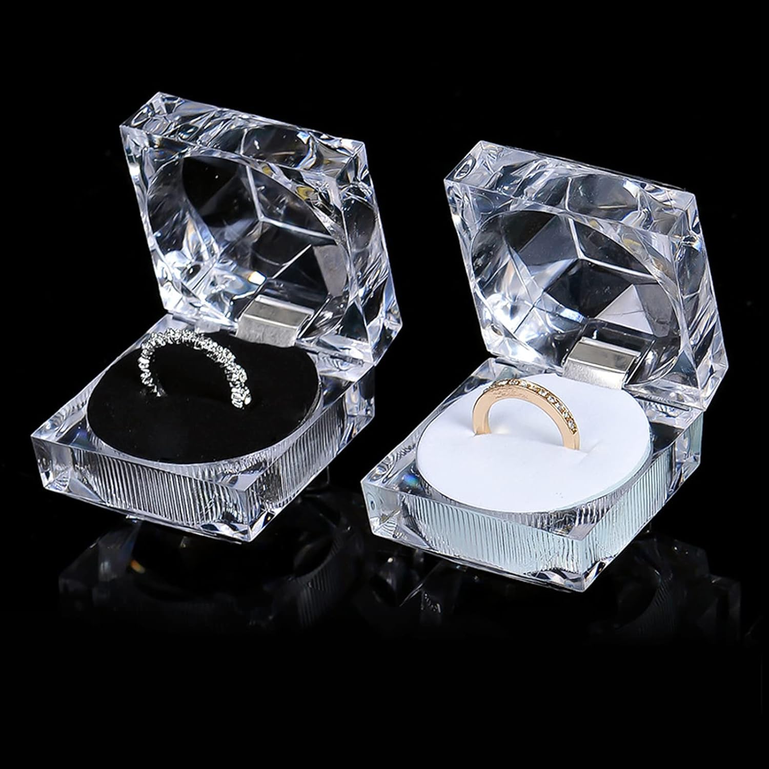 ODM Thickened 12 pcs Clear Crystal Ring Gift Boxes Earrings Jewelry Storage Box Acrylic Display Organizer Case for All Kinds of Ring Earrings Velvet Insert Black, 1.8" x 1.8" x 1.8" Custom Mold Development
