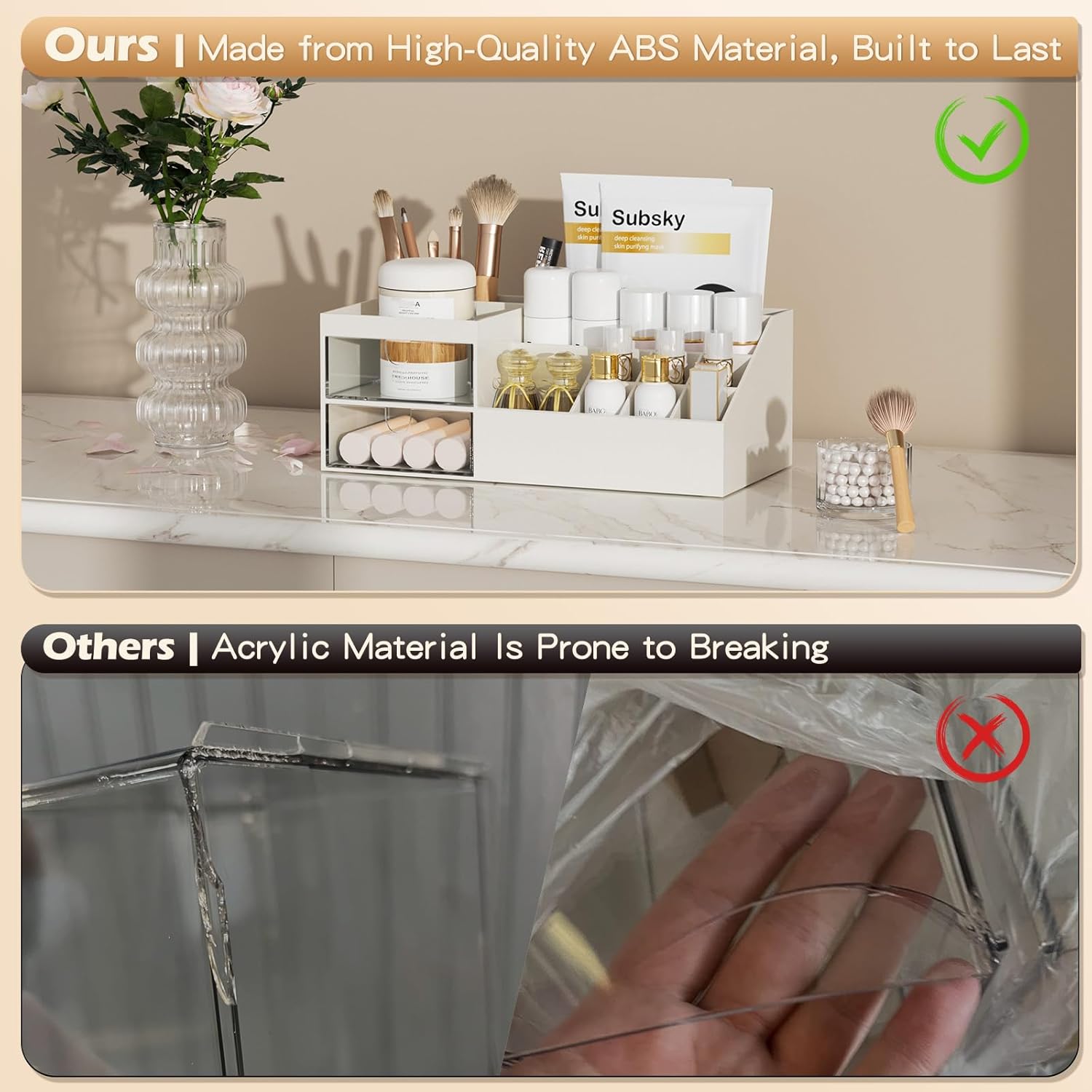 Private Label Subsky Makeup Organizer with Drawers, Easy Storage for Beauty Products Brushes, Multifunction Plastic Desk Organizer, Cosmetics Organizer for Countertop Dresser Vanity and Bathroom (White) Factory Direct Price