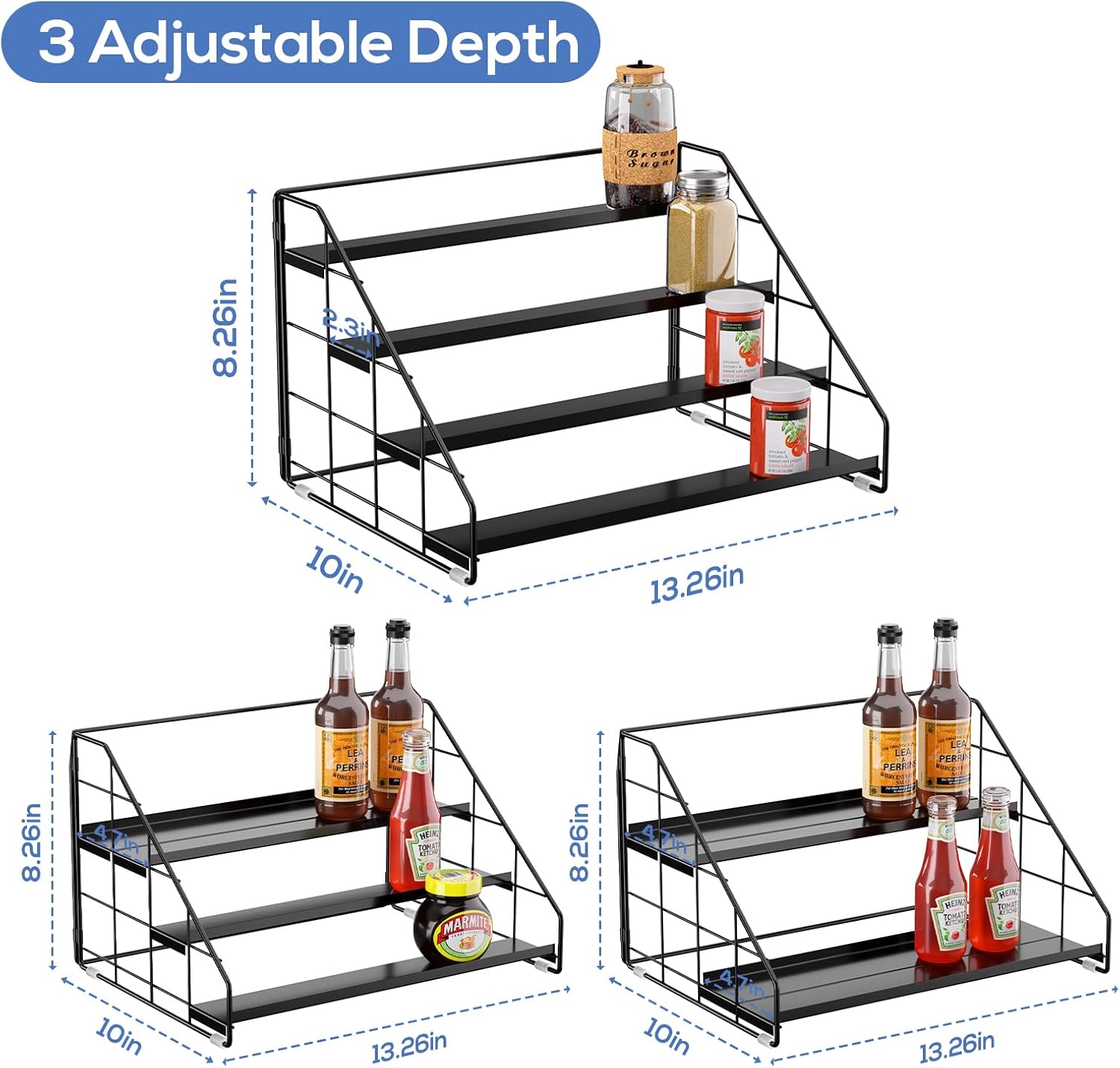 Private Label Spice Rack Organizer for Cabinet, 4 Tiered Spice Rack Organizer, Tiered Adjustable Spice Shelf for Kitchen Countertop Pantry Organization (Bright Black) Dropshipping Friendly