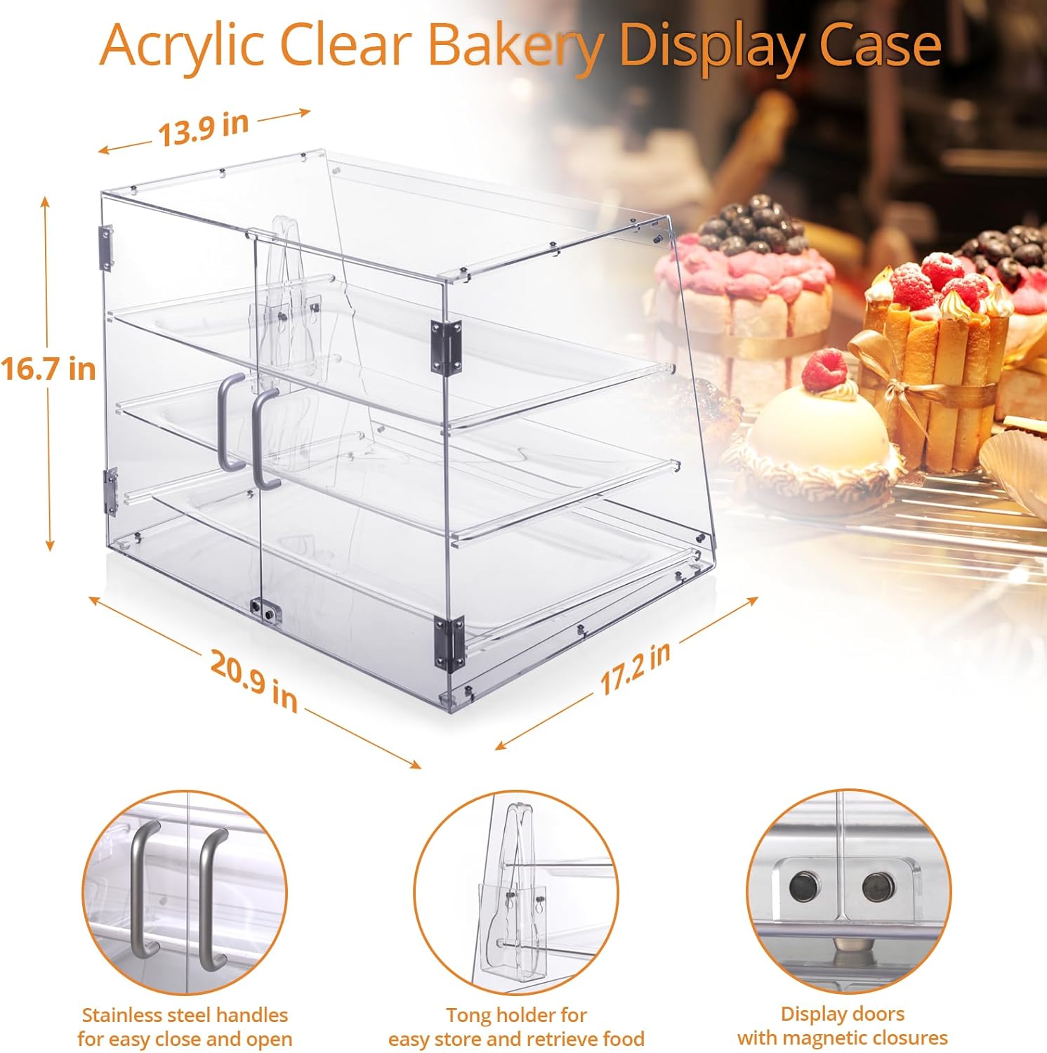 Wholesale OEM ODM Bakery Display Case, Pastry Display Case countertop 3 Tier Tray, Acrylic Clear Boxes for Bread Pastry Desserts Food Cookie, Display Cabinet Box for Baking Enthusiasts, 20.86 x 17.3 x 16.5 in Factory & Supplier