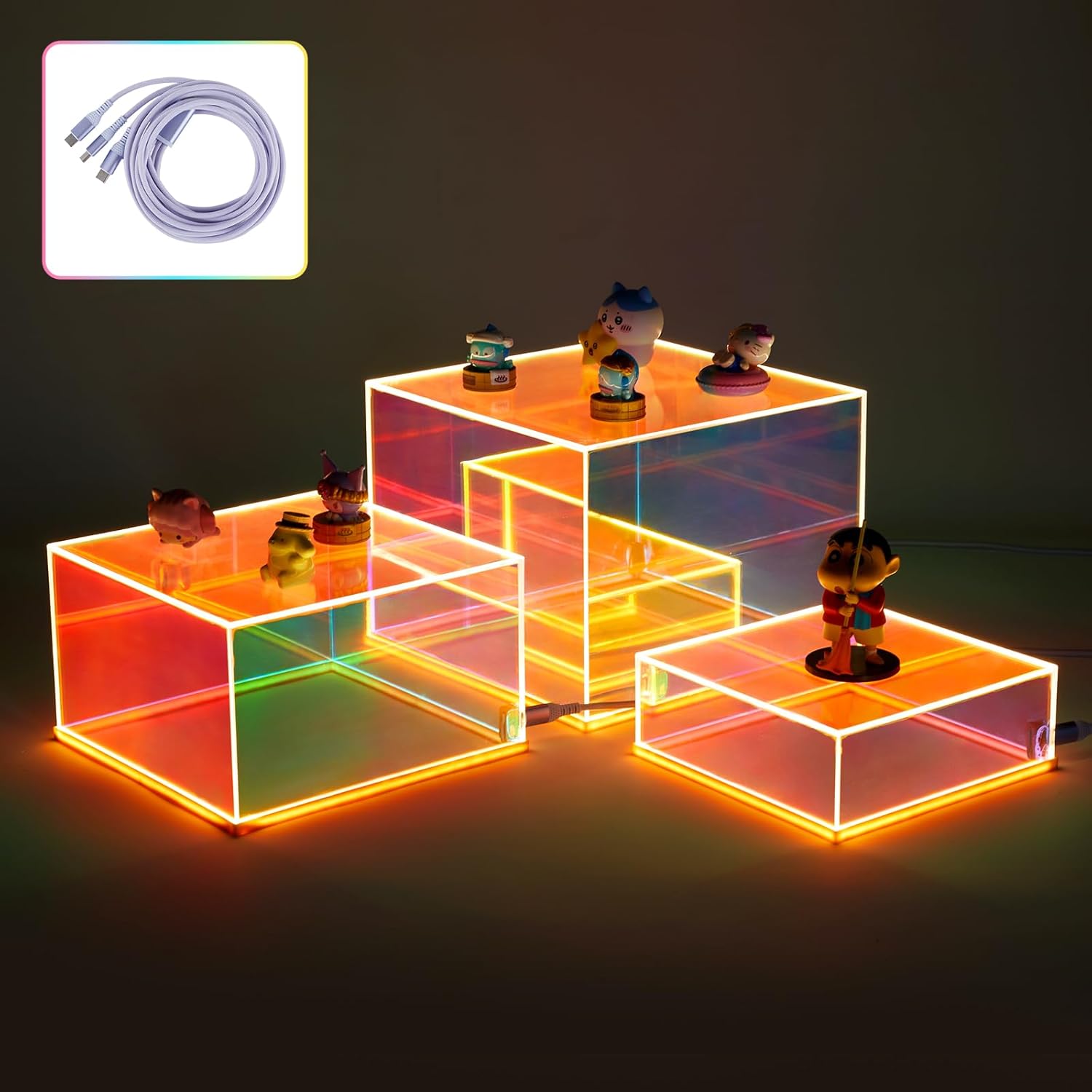 3Pcs Iridescent Acrylic Display Risers with LED light, Acrylic Cube Box Rainbow Display Stand with Hollow Bottoms for Figures Dessert Jewelry Perfume Handbag