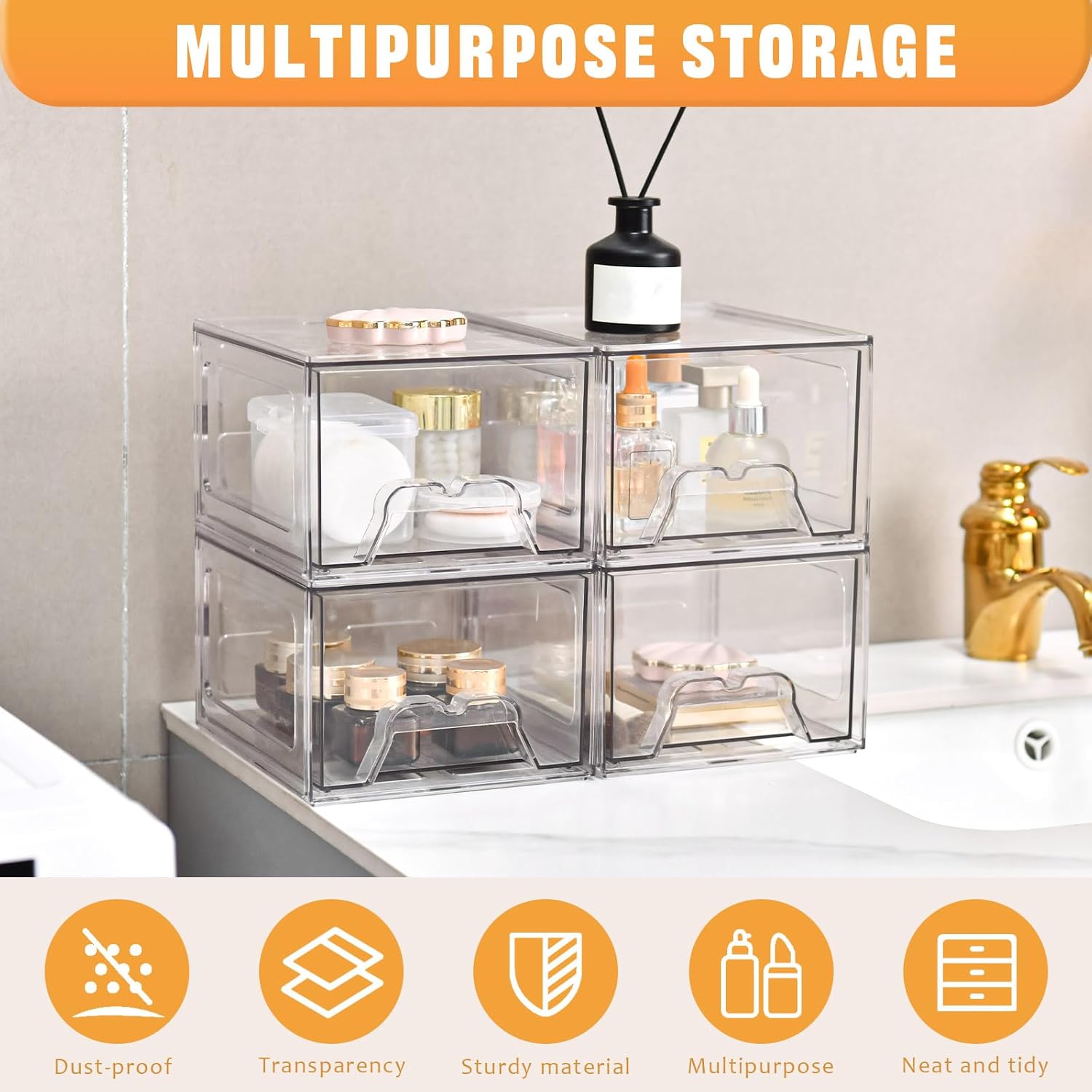 Private Label 6 Pack Stackable Makeup Organizer, 4.4'' Tall Acrylic Bathroom Makeup Organizer and Storage Drawer with Pull-out Handle, Clear Plastic Storage Bins for Vanity,Pantry,Desk,Undersink,Kitchen Factory Direct Price
