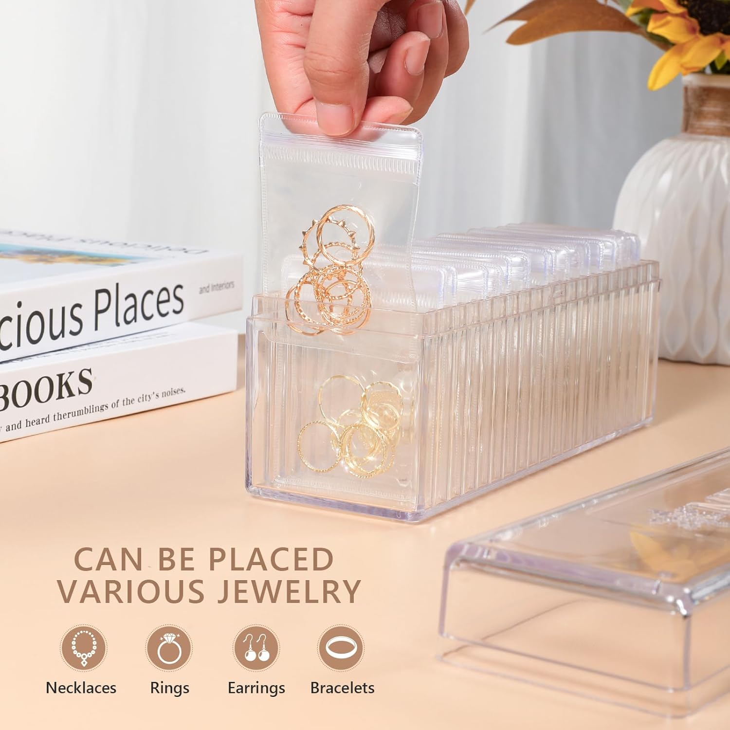 ODM Acrylic Jewelry Organizer, Clear Acrylic Jewelry Box Organizer With 20 Portable Anti Tarnish Jewelry Bags, Clear Earring Storage Organizer For Rings/Necklaces For Women Girls Custom Mold Development
