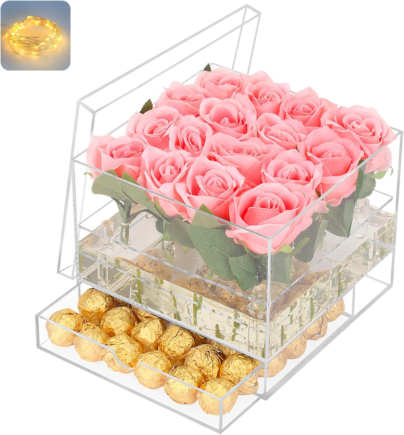 Choowin Clear Acrylic Flower Box with Drawer - Decorative Keepsake Box - 16 Hole Flower Vase - 7.9x7.9x5.9 inch