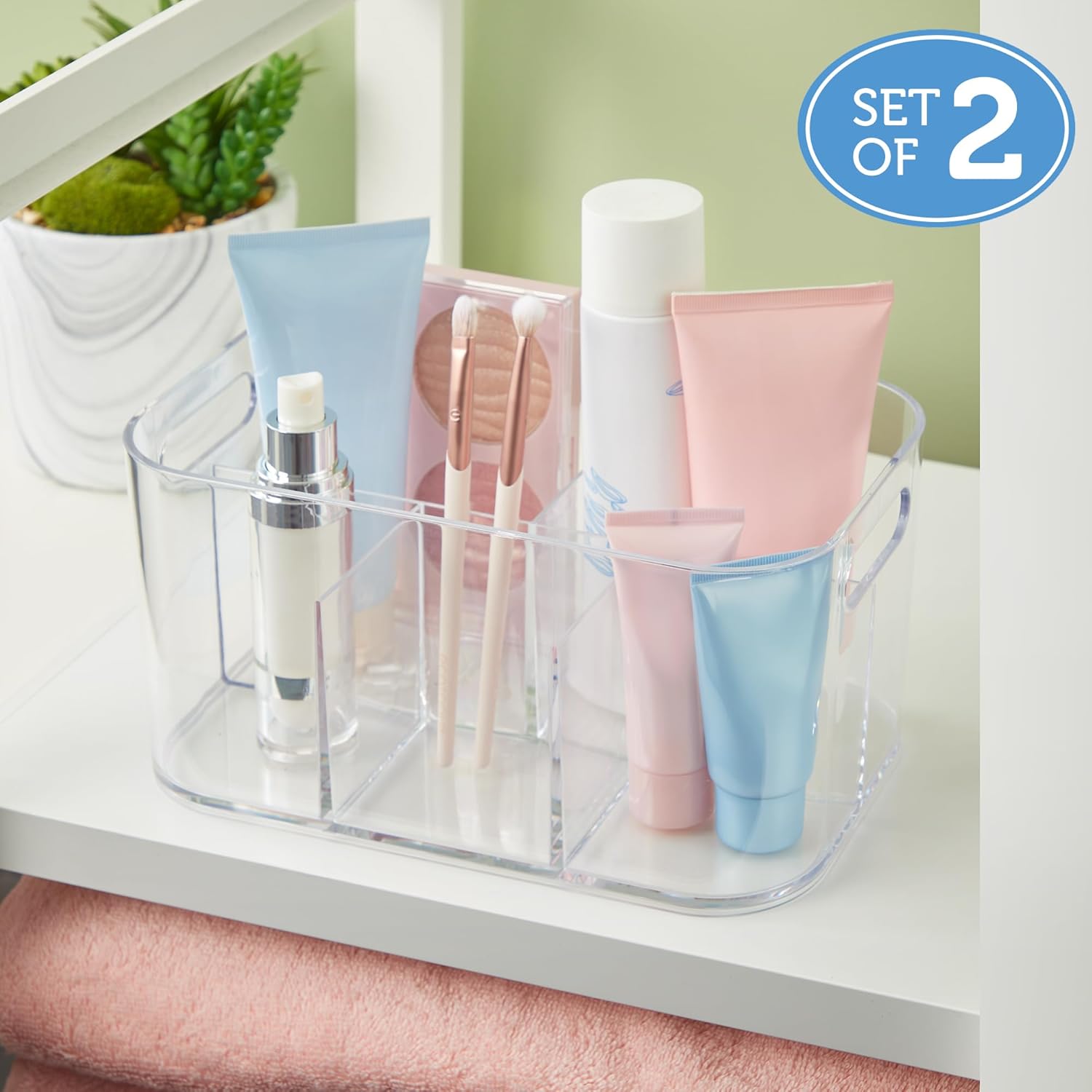 Private Label STORi Bliss 5-Compartment Plastic Cosmetics Storage Organizer, Set of 2 | Clear | Rectangular Divided Makeup Bin & Vanity Caddy with Pass-Through Handles | Round Corner Design | Made in USA Custom Logo Service