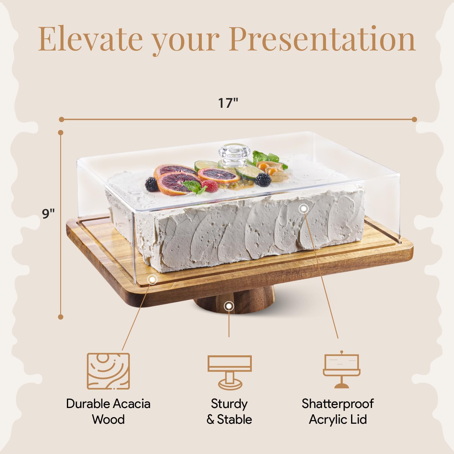 Wholesale OEM ODM Acacia Wood Cake Stand with Lid - Rectangular Cake Holder, 2-in-1 Dessert Table Display Set & Charcuterie Board for Cheese, Chips, Fruit Platter, Large Acrylic Cake Dome Cover, No Glass Factory & Supplier