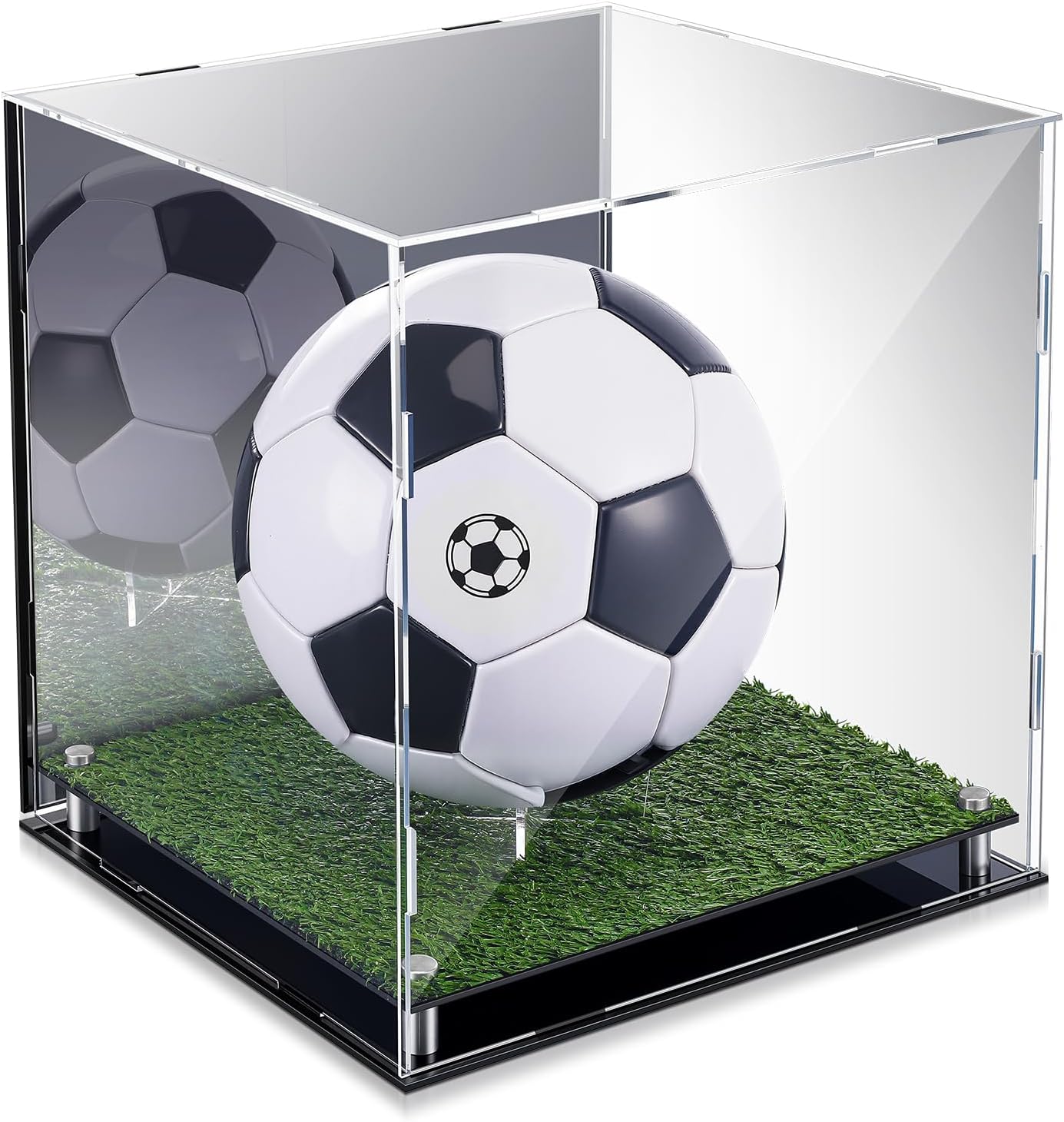 Geelin Soccer Ball Display Case 12" x 11" x 10.5" Acrylic Clear Display Case Box with Mirror Back and Turf Grass, Storage Cube for Soccer Ball Collectibles Sports Memorabilia Collector Gift
