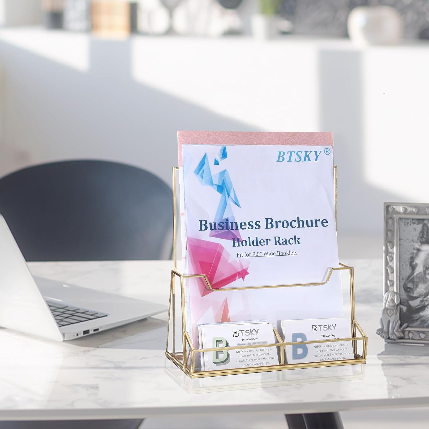 Wholesale BTSKY Golden Glass Brochure Holder 8.5 x 11 Inches, Countertop Pamphlet Holder Display Stand with Business Card Holder, Trifold Flyer Holder, Clear Elegant Brochure Display Stand for Magazine Booklets China Factory Bulk Supply
