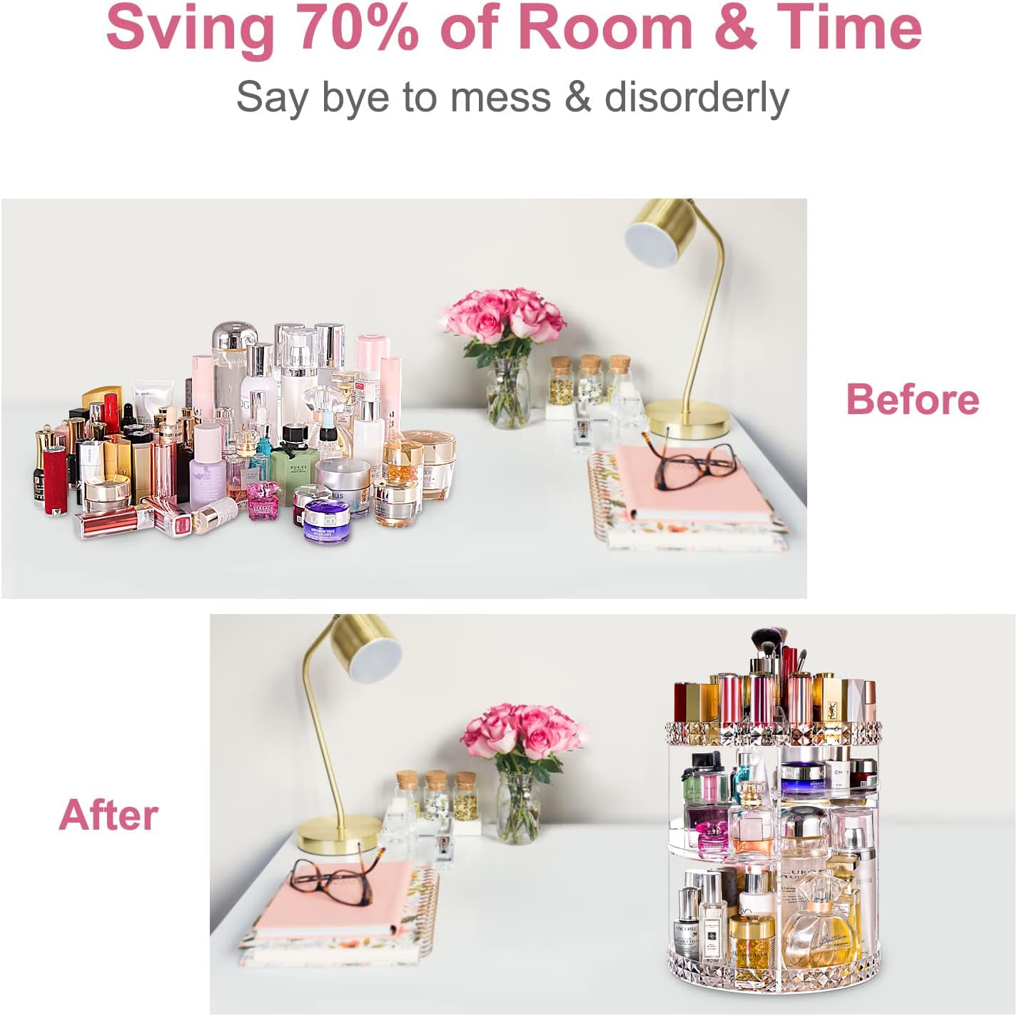 Private Label V-HANVER Makeup Organizer Combo - 360° Rotating Makeup Organizer with 7 Adjustable Layers Acrylic Skincare Organizer Large Cosmetic Display Case Clear Perfume Organizer with Makeup Palette Organizer Custom Logo Service