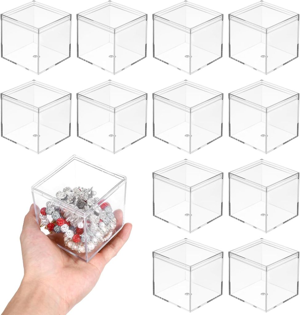 12 Pcs Clear Acrylic Plastic Small Acrylic Box with Lid Decorative Storage Box Jewelry Display Mini Clear Container for Home Candy Pill Tiny Jewelry(Square,3 x 3 x 3)