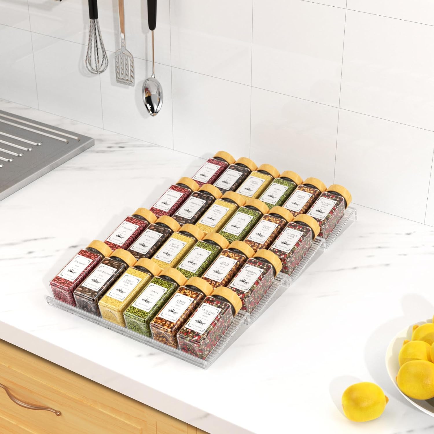 Private Label 24 Spice Jars with Spice Drawer Organizer, 355 Spice Labels, 4 Pack Expandable From 11'' to 21'' Acrylic Spice Rack for Drawer, Seasoning Containers Storage Organization for Kitchen Cabinet Countertop Dropshipping Friendly