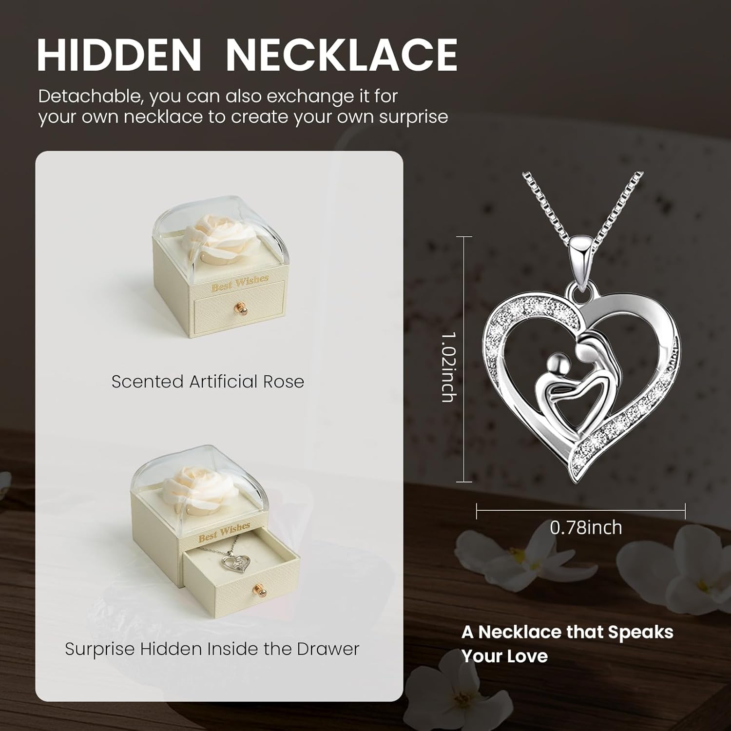 ODM Preserved Rose, Artificial Flower Gift Box with Mother's Love, Heart Necklace for Mom, Acrylic Box Sets, Perfect Jewelry Box with Drawer for Mother's Day & Birthday Gift, Romantic Wedding Gift Custom Mold Development