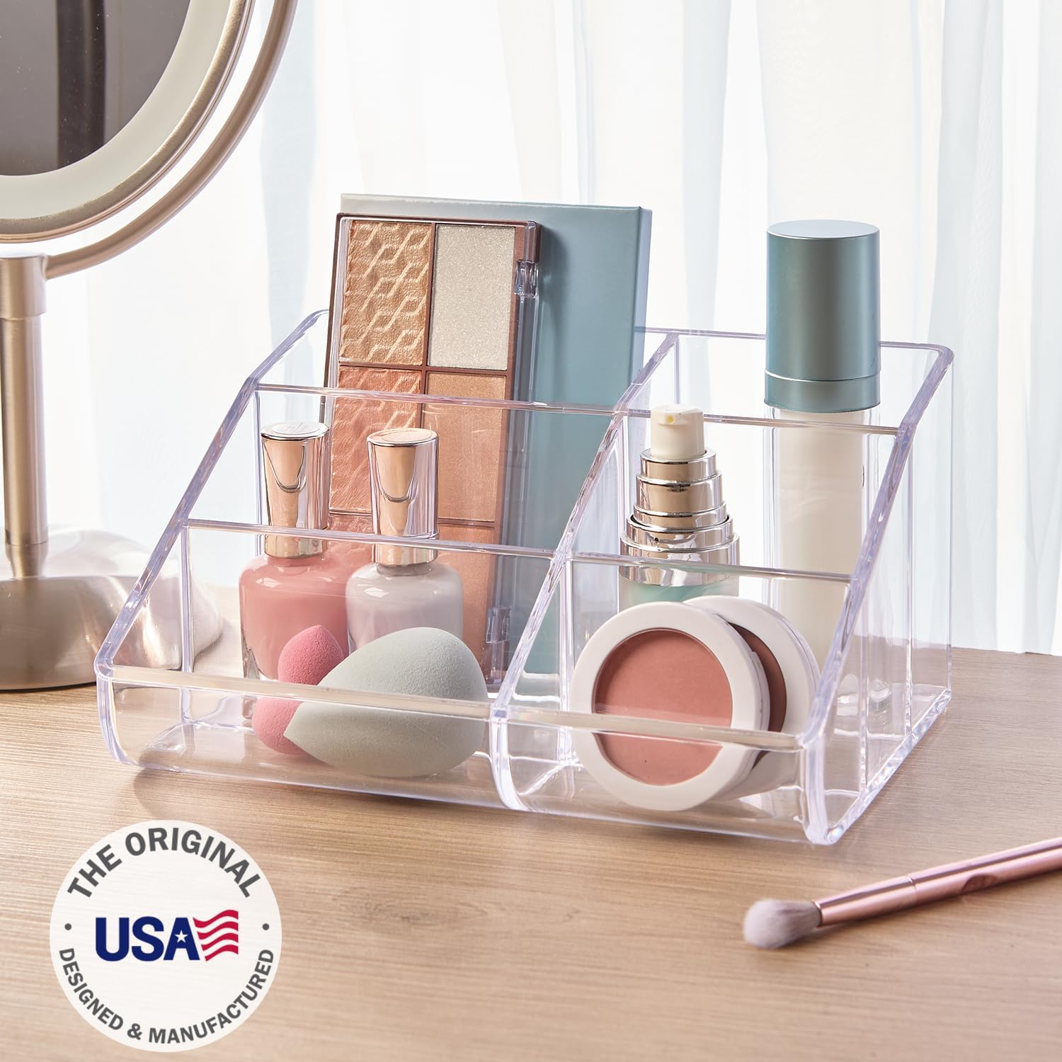 Private Label STORi Clear Plastic Vanity Makeup Organizer | 6-Compartment Holder for Brushes, Eyeshadow Palettes, & Beauty Supplies | Curved Front Design | Made in USA Factory Direct Price