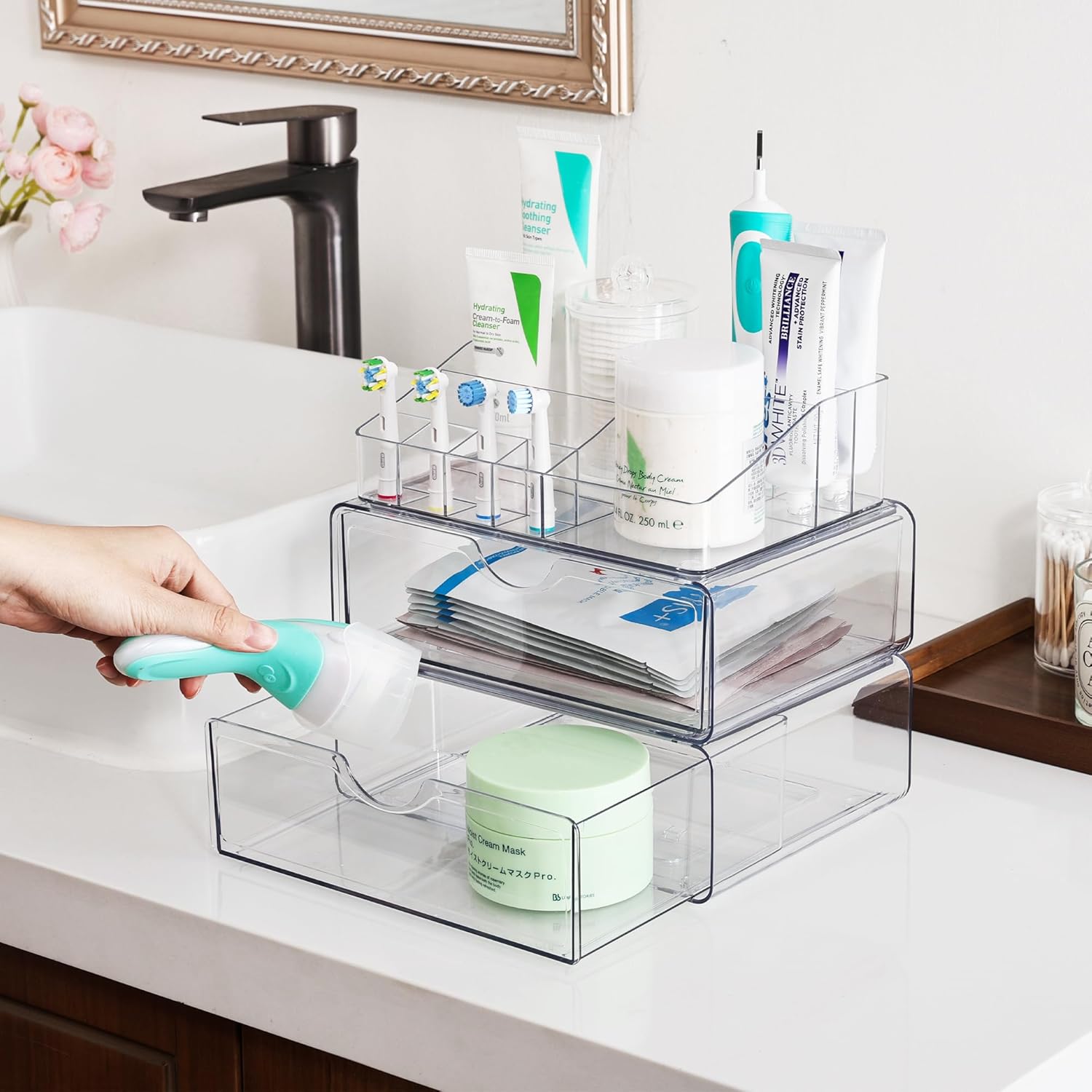 Private Label Vtopmart 3 Tier Clear Makeup Organizer with Drawer, Cosmetic Storage for Dresser Countertop and Bathroom Vanity, Beauty Holder for Lipstick Brush Skincare Factory Direct Price