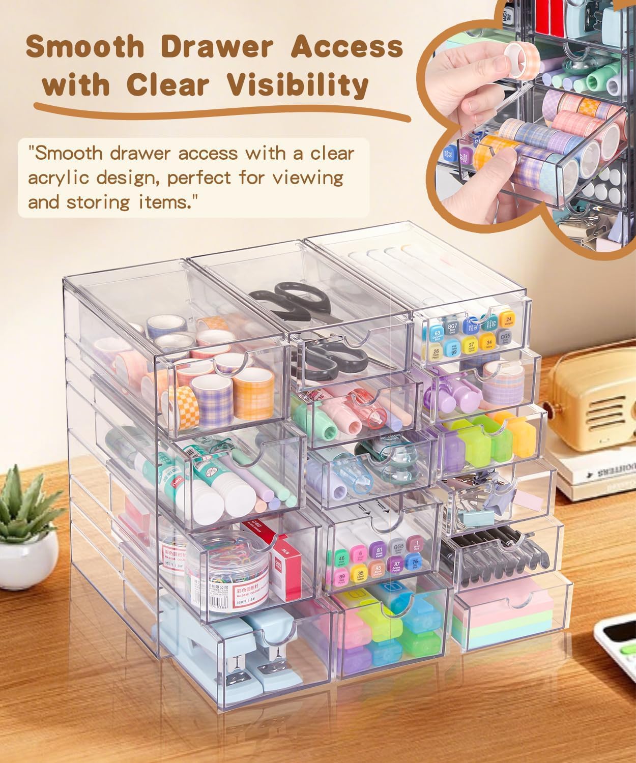 Private Label Clear Acrylic Organizer with Drawers | 15-Drawer Desktop Unit | Makeup & Desk Organization and Storage Box for Office, Craft, Vanity Table, Bathroom, Home Essentials Custom Logo Service