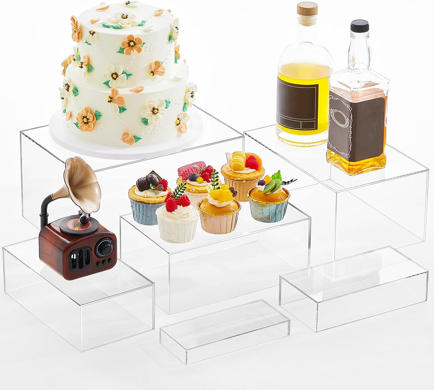 Leinuosen 6 Pcs Food Risers for Buffet Table Large Buffet Risers Acrylic Display Box Acrylic Cube Display Stands for Dessert Catering Supplies(Clear,7''x3'',8''x4'',9''x5'',10''x6'',11''x7'',12''x8'')