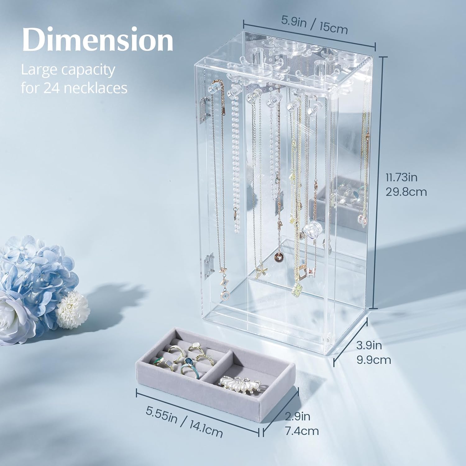 Direct Manufacturer Lolalet Necklace Holder Organizer, Acrylic Jewelry Organizer with 24 Hooks, Rotating Clear Necklaces Display Box with Built-in Mirror, Dust-proof Jewelry Storage Case with Velvet Tray -Clearmirror Low MOQ