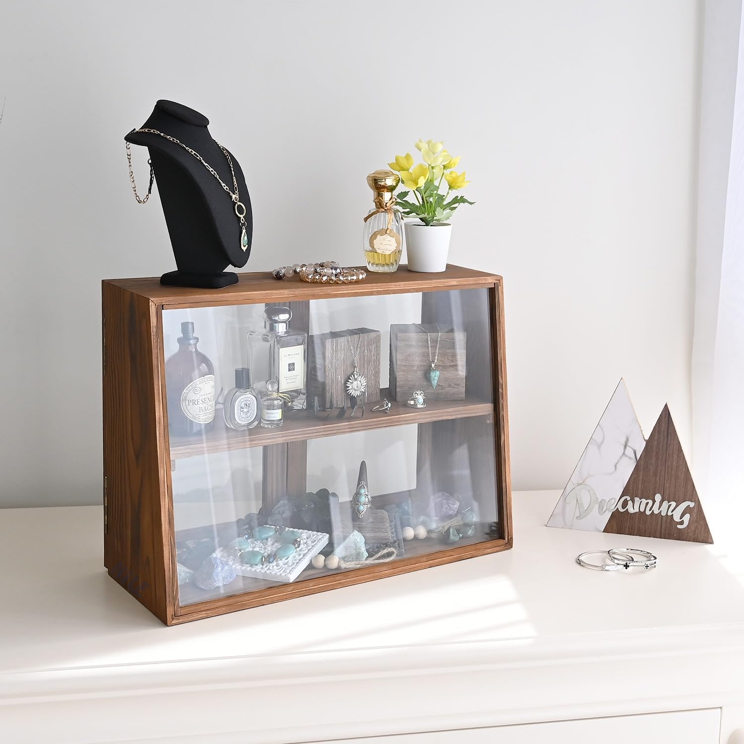 Wholesale OEM ODM MOOCA Tempered-Glass Wood Display Case with Double Doors, Adjustable 2-level Collection Display Case for Mini Funko Pop Figures, Bakery Pastry Container, Jewelry Organizer Storage, Brown Color Factory & Supplier