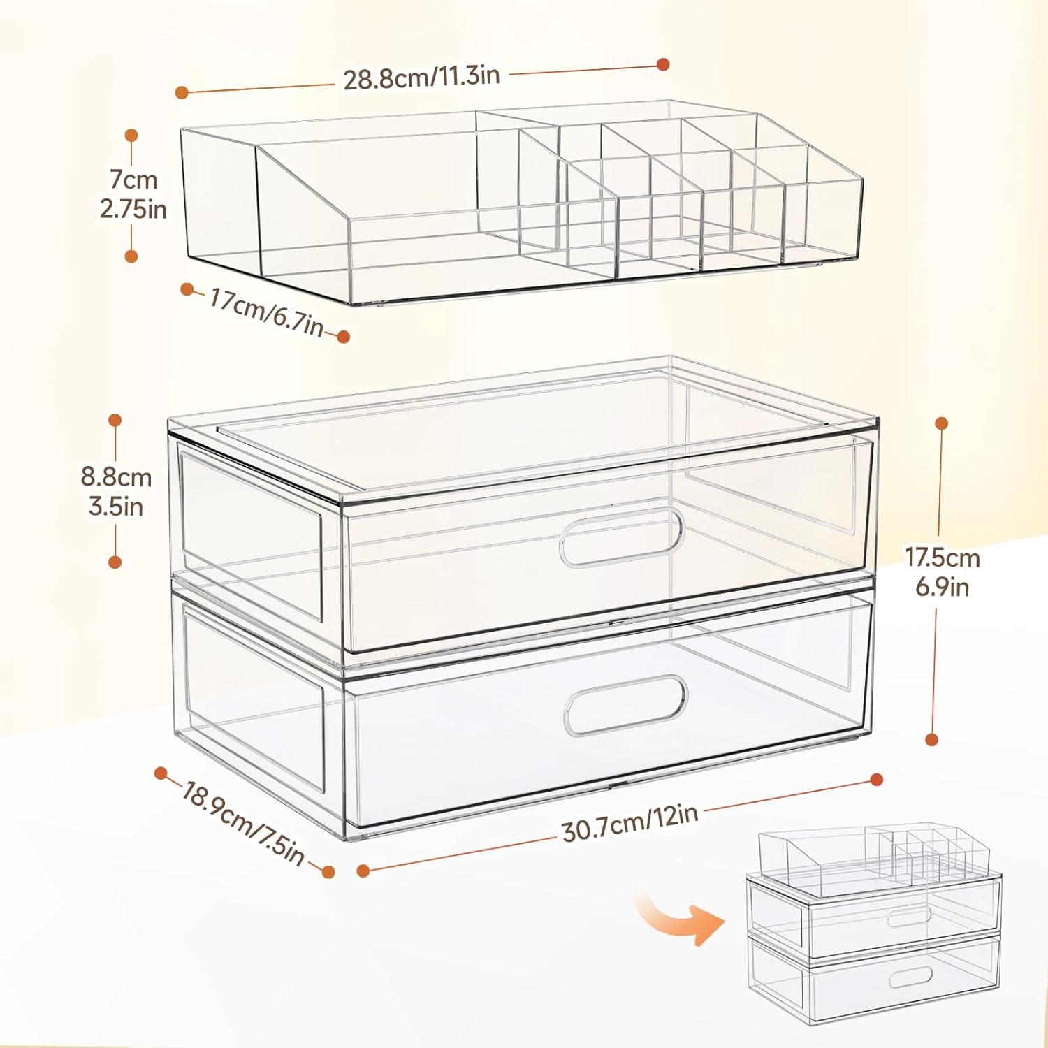 Private Label Clear Stackable Makeup Organizer with Drawer, 12''W Acrylic Storage Drawers, Cosmetic Display Case for Vanity Bathroom Countertop, Beauty Holder for Lipstick Brush Skincare Perfume Factory Direct Price