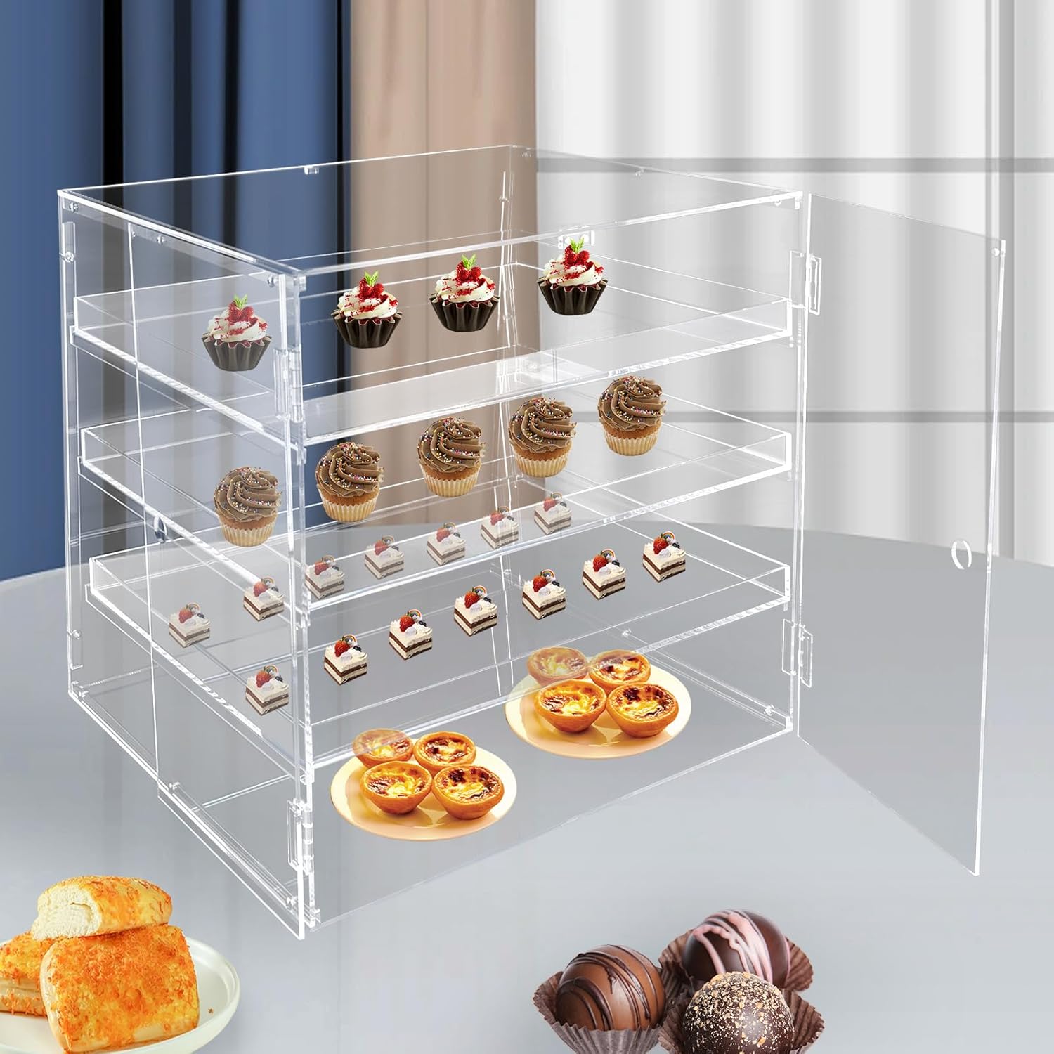 Wholesale OEM ODM Clear Acrylic Pastry Display Case, Bakery Display Case Countertop 3-Tier Commercial Countertop Display Case Large Display Box Bread Display Case (L 18.7" × D 17.71"× H 17.71") Factory & Supplier
