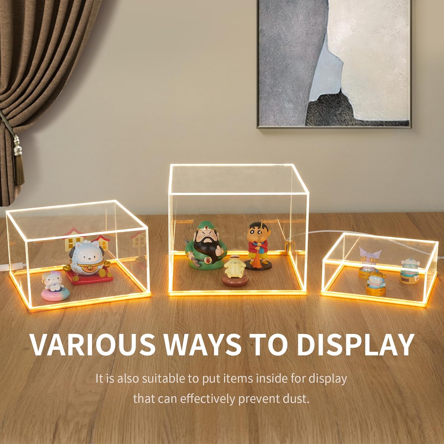 Private Label 3Pcs Acrylic Display Risers with LED light, Acrylic Cube Box Clear Display Stand with Hollow Bottoms for Figures Dessert Jewelry Perfume Handbag (Clear-3pcs) Ecommerce Ready Product