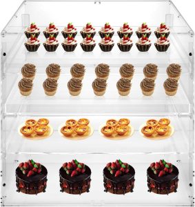 3 Tray Acrylic Bakery Display Case, 18.7 x 17.7 x 17.7 Inch Clear Countertop Pastry Display with Door for Bakery Dessert Cupcake