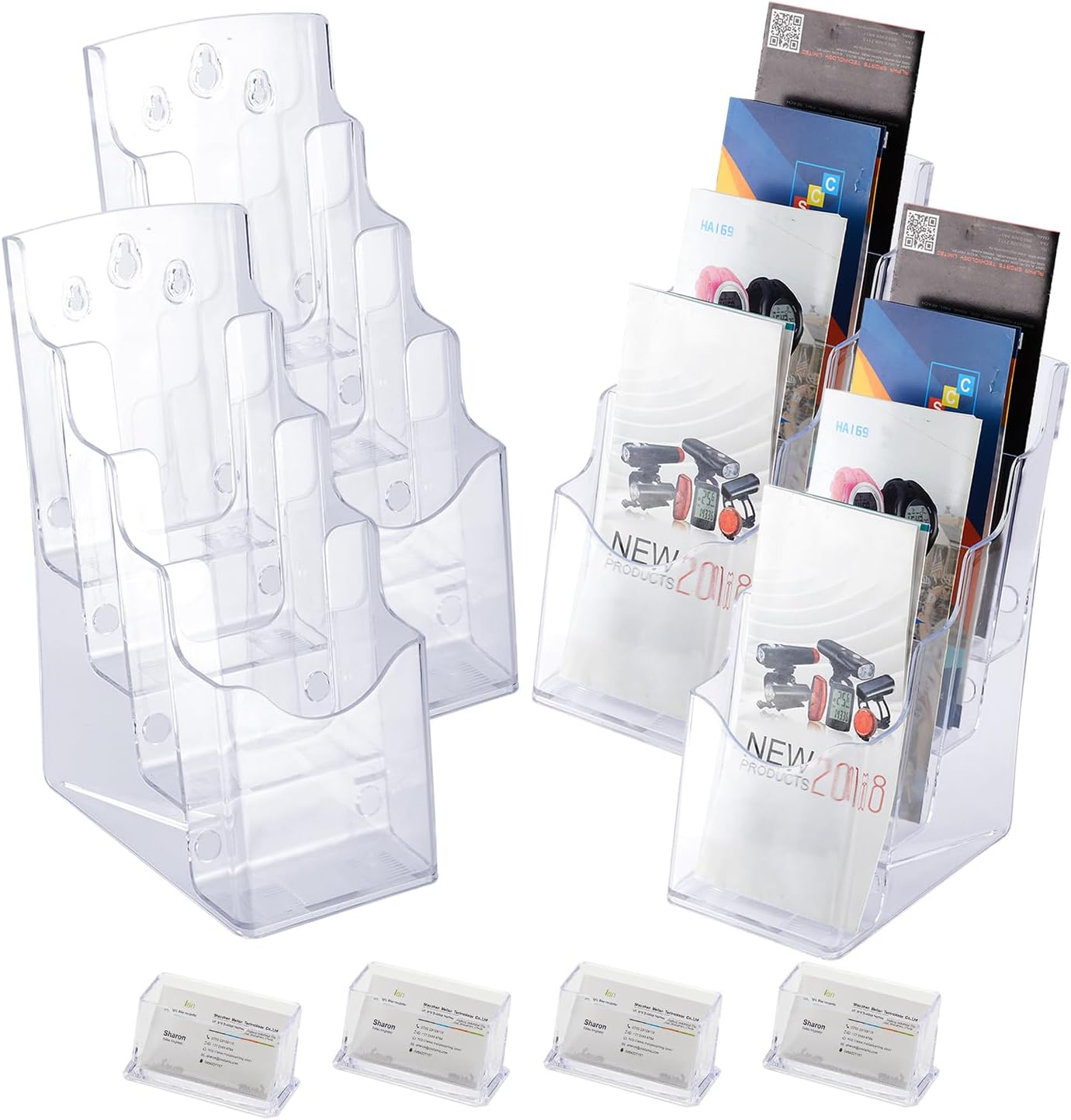 4 Pcs Acrylic Brochure Holder, 4 x9 Inches Flyer Holder, 4 Tier Clear Pamphlet Holder, Magazine Literature Organizer Holder, Brochure Display Stand, For Wall Mount or Desktop Use