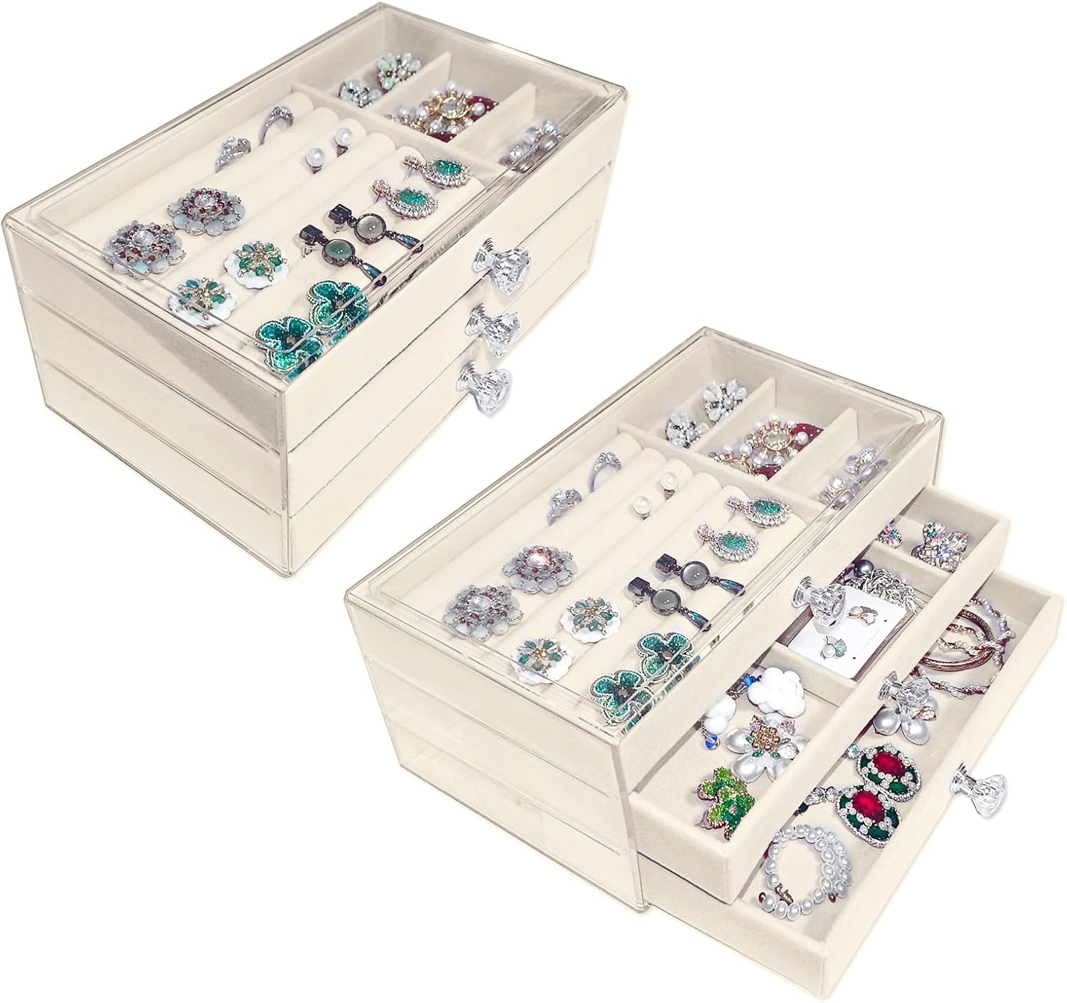 Direct Manufacturer Clear Acrylic Velvet Jewelry Organizer with 3 Drawers, Stackable Display Storage Earrings Necklace Rings Bracelets Box Holder Case for Women, Beige Low MOQ