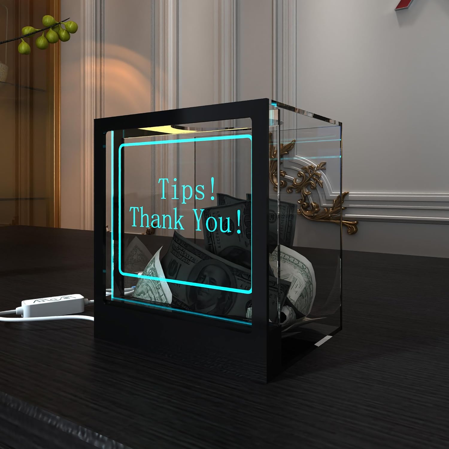 Private Label Lighted Up Tip Jar with Large Opening, Suggestion Box for Tip Collection & Donation, Hundreds Changing Colors LED Lights Tip Box with Customizable Message Sign for Money, Voting and Ballot Ecommerce Ready Product