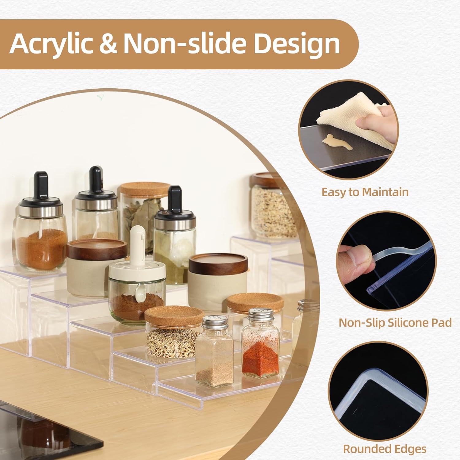 Private Label 10 Pack Acrylic Spice Rack Organizer for Cabinet(10.8"~12.4"L), 5 Size Seasoning Organization with Non-Slide Silicone Pads, Clear Shelf Riser Storage Can & Cup for Kitchen Countertop, Cupboard, Pantry Dropshipping Friendly