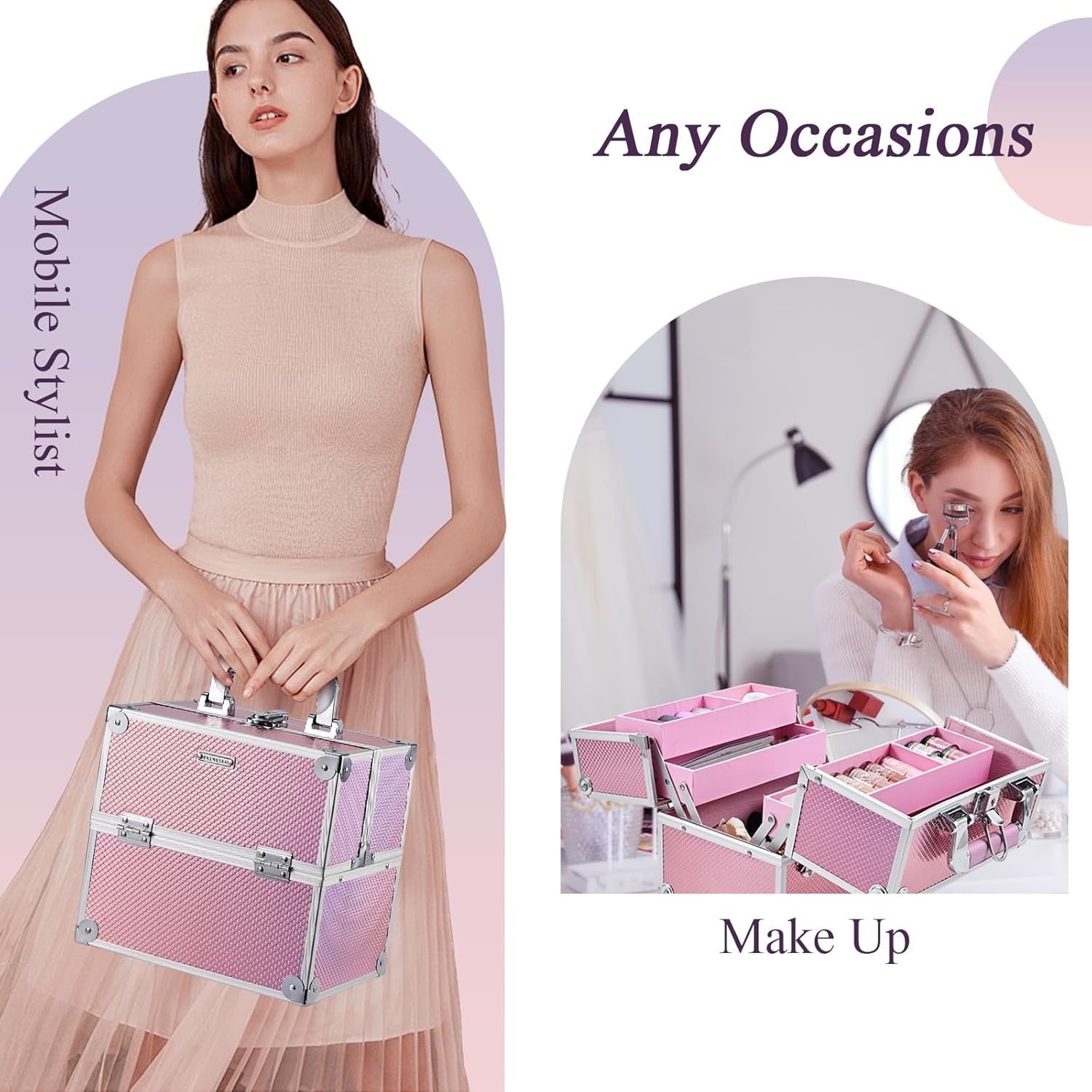 Private Label Frenessa Makeup Case Makeup Box Cosmetic Organizer Case Portable Make Up Artist Travel Case Storage Box 4 Trays with Dividers Lockable Hard Train Case Nail Tech Supply Storage Mermaid Pink Custom Logo Service