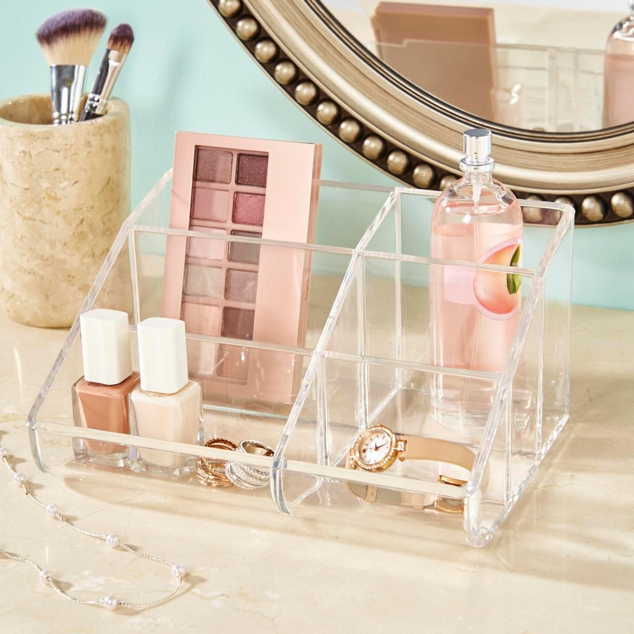 Private Label STORi Clear Plastic Vanity Makeup Organizer | 6-Compartment Holder for Brushes, Eyeshadow Palettes, & Beauty Supplies | Curved Front Design | Made in USA Factory Direct Price