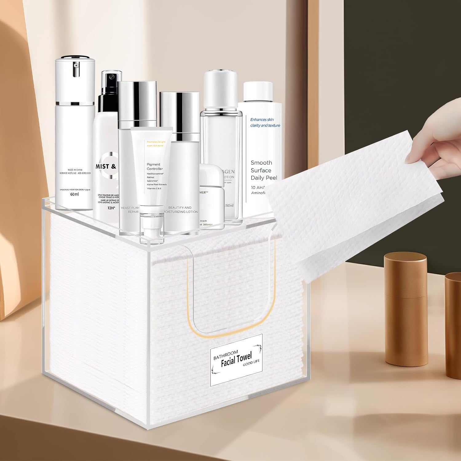 Private Label Disposable Face Towel Holder Box, Acrylic Storage Box Compatible with Clean Skin Club Face Towels XL, Makeup Organizer with Lid, Clear Acrylic Face Towel Holder for Bathroom, Vanity Makeup Custom Logo Service